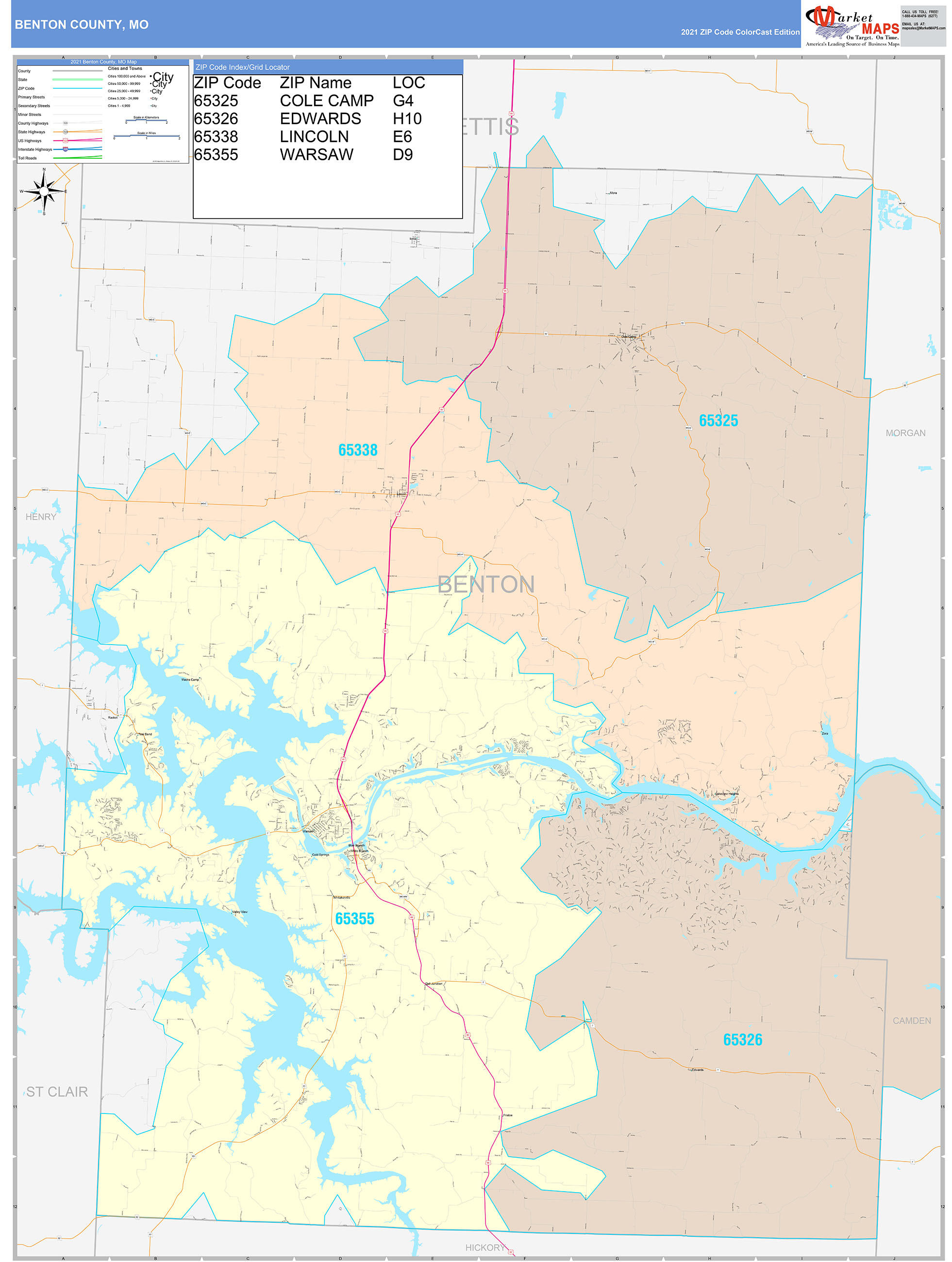 Benton County, MO Wall Map Color Cast Style by MarketMAPS