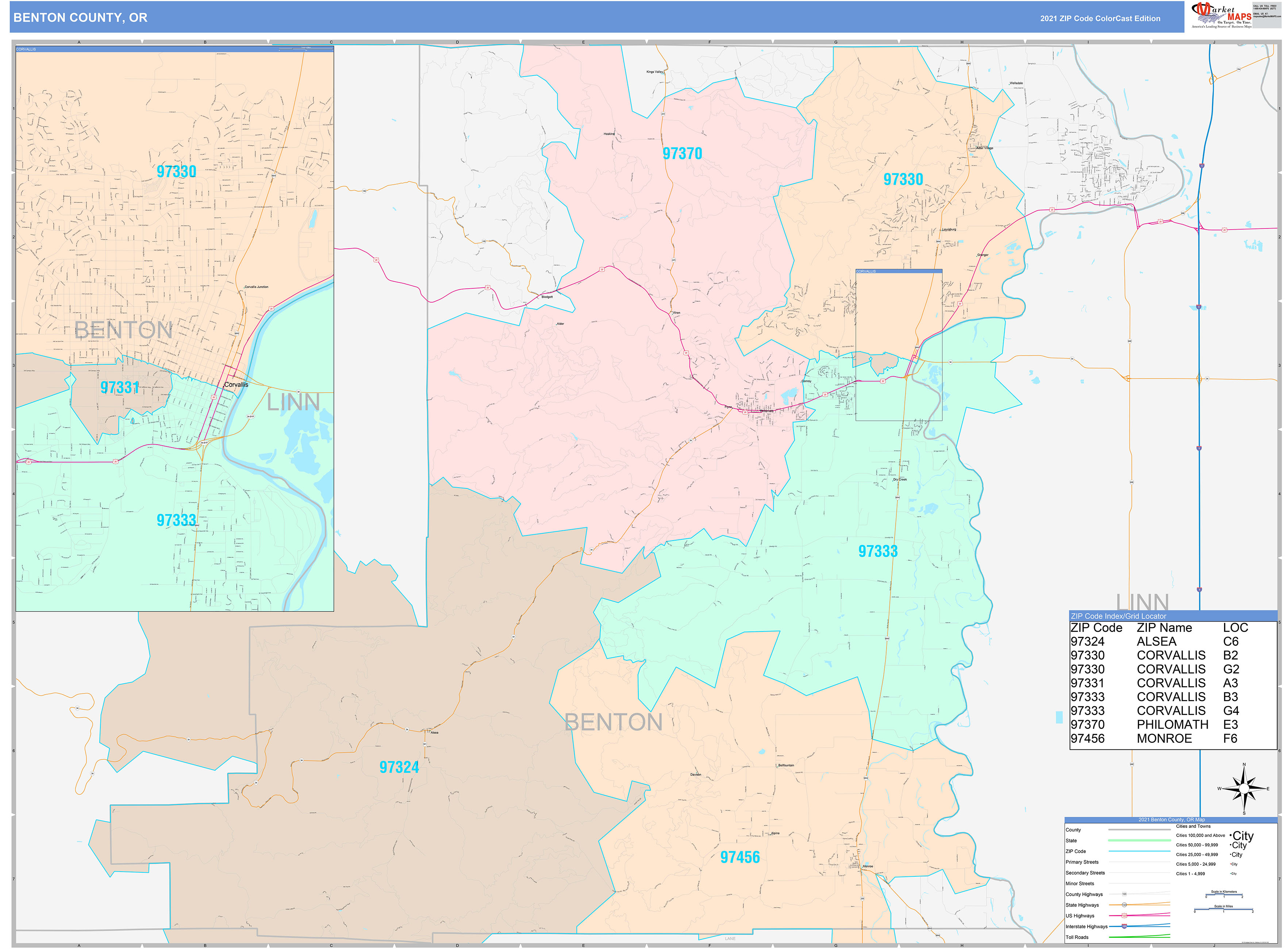 Benton County, OR Wall Map Color Cast Style by MarketMAPS