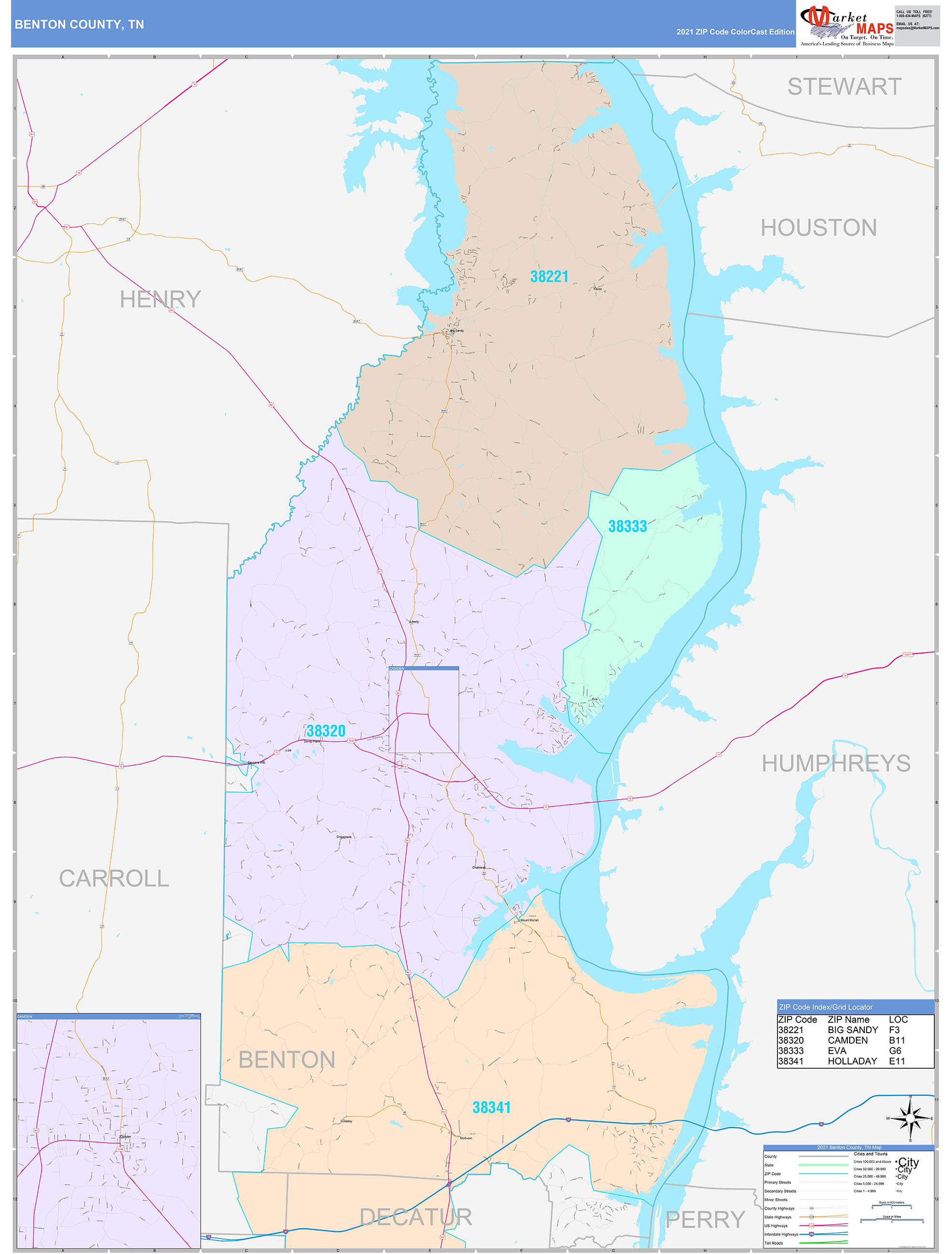 Benton County, TN Wall Map Color Cast Style by MarketMAPS