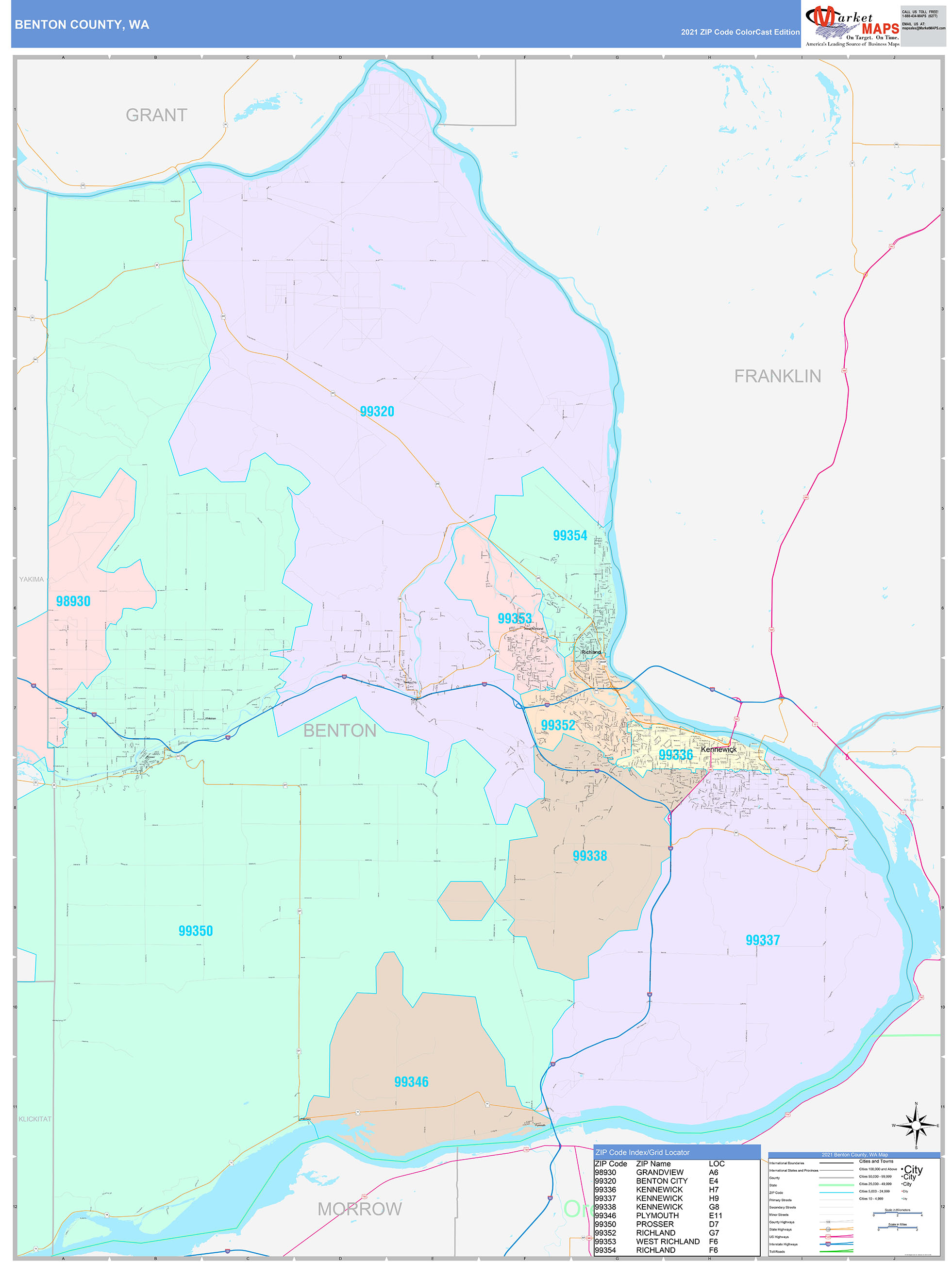 Benton County, WA Wall Map Color Cast Style by MarketMAPS MapSales
