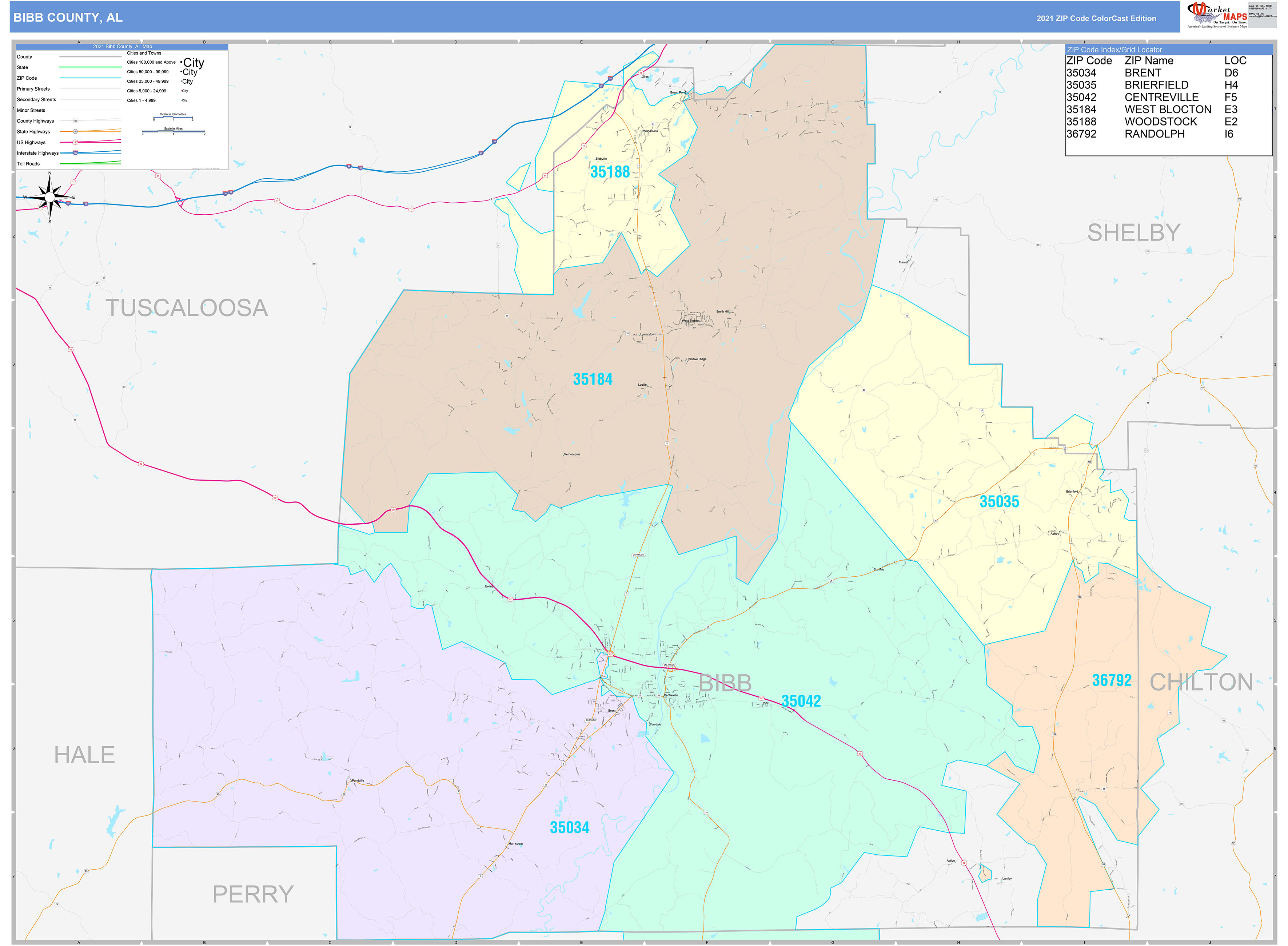 Bibb County, AL Wall Map Color Cast Style by MarketMAPS MapSales