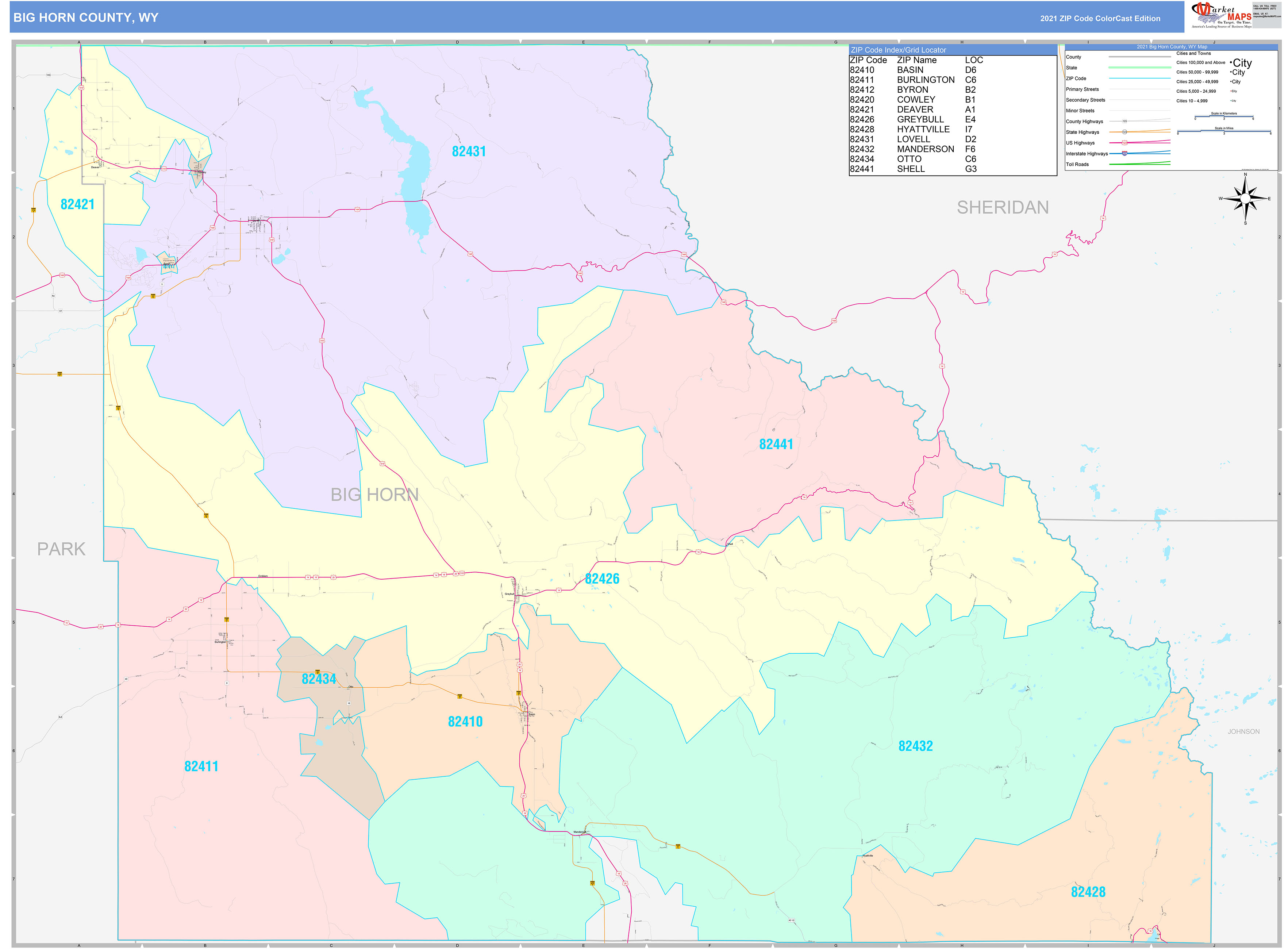 Big Horn County, WY Wall Map Color Cast Style by MarketMAPS