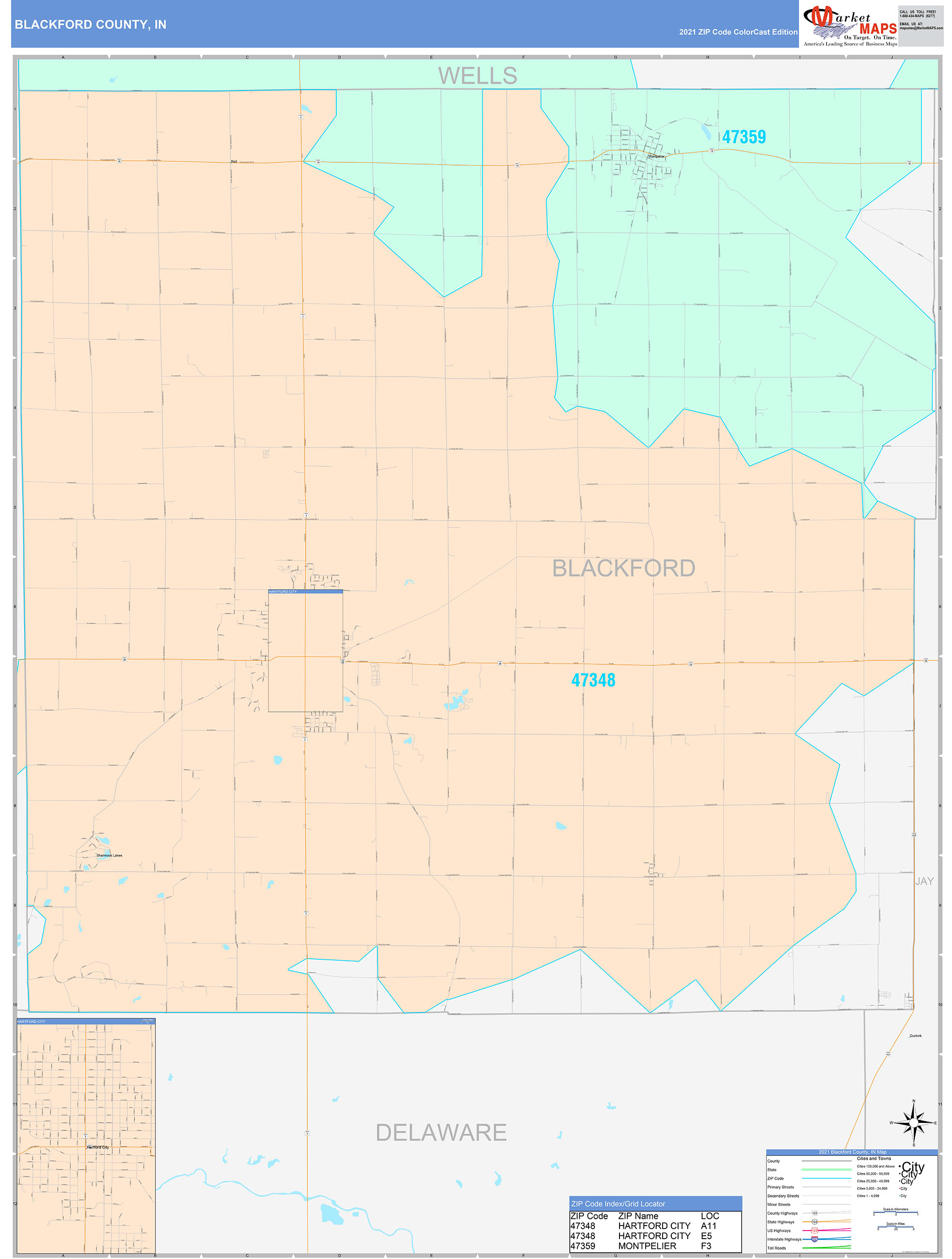 Blackford County, IN Wall Map Color Cast Style by MarketMAPS