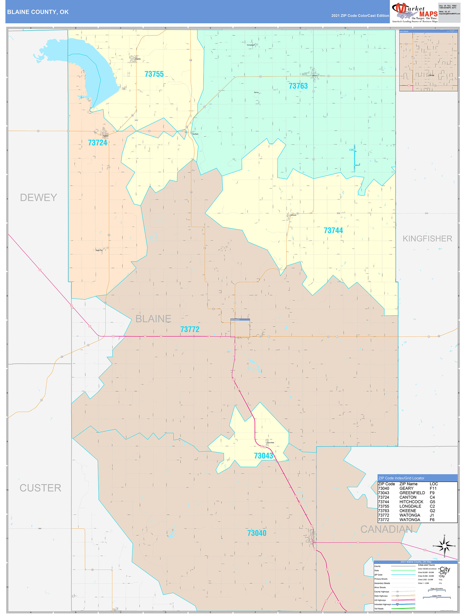 Blaine County, OK Wall Map Color Cast Style by MarketMAPS