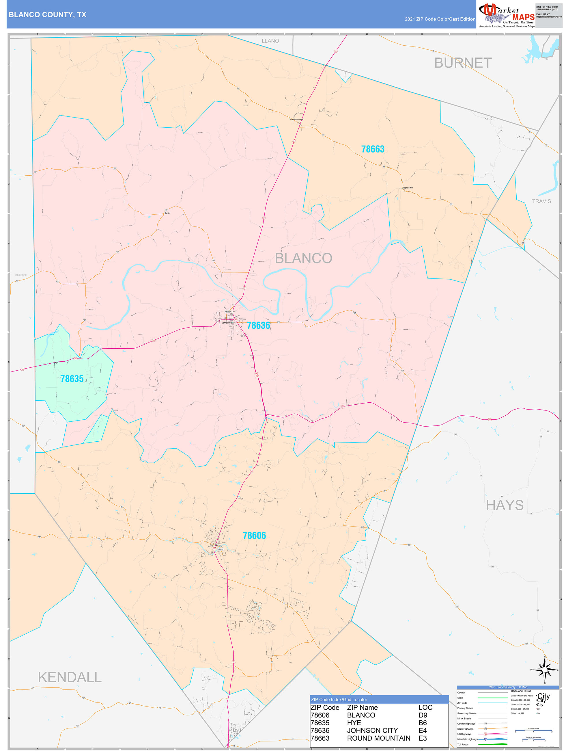Blanco County, TX Wall Map Color Cast Style by MarketMAPS
