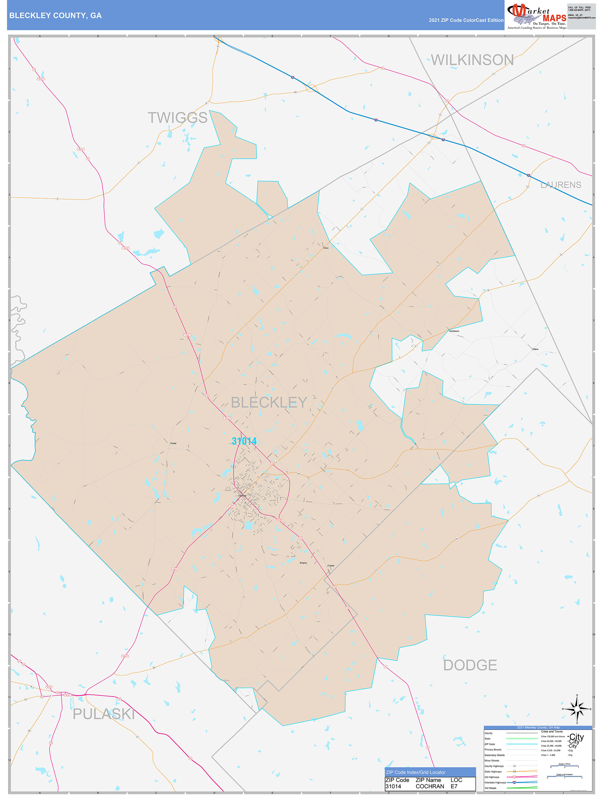 Bleckley County, GA Wall Map Color Cast Style by MarketMAPS
