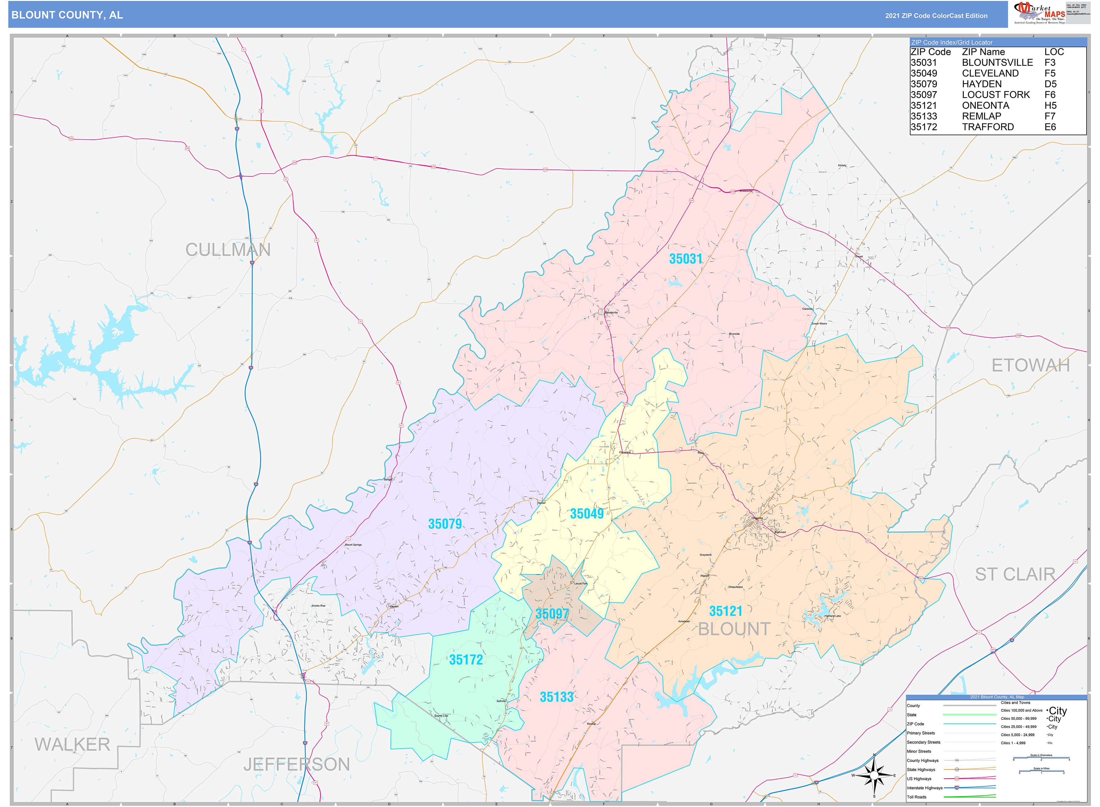 Blount County, AL Wall Map Color Cast Style by MarketMAPS