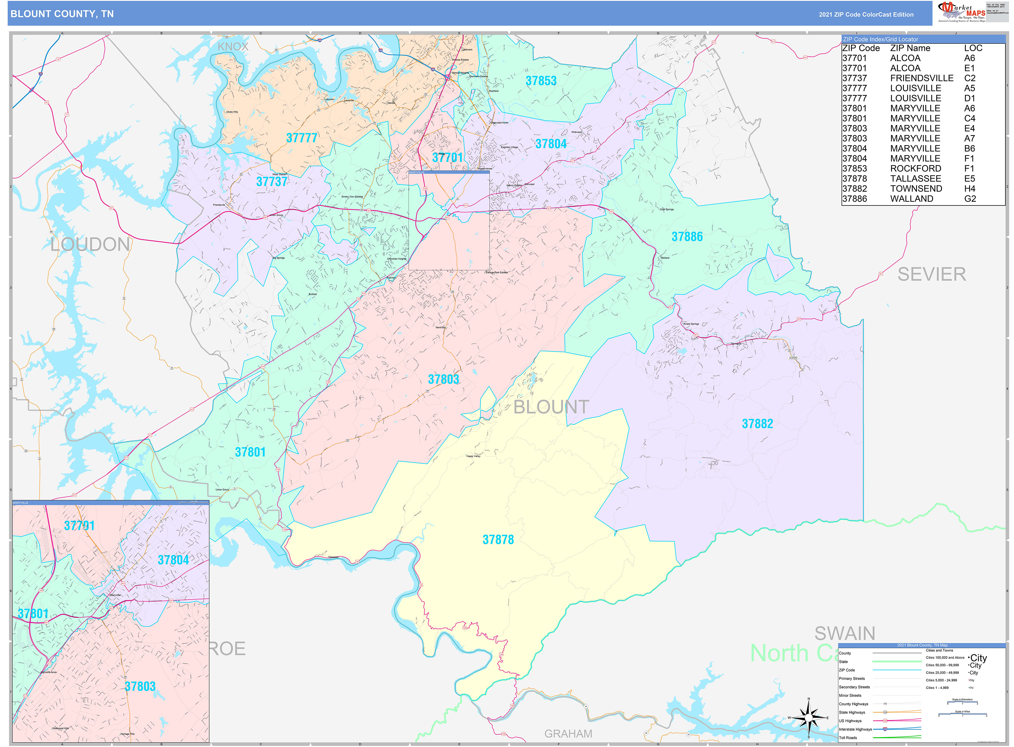 Blount County, TN Wall Map Color Cast Style by MarketMAPS MapSales