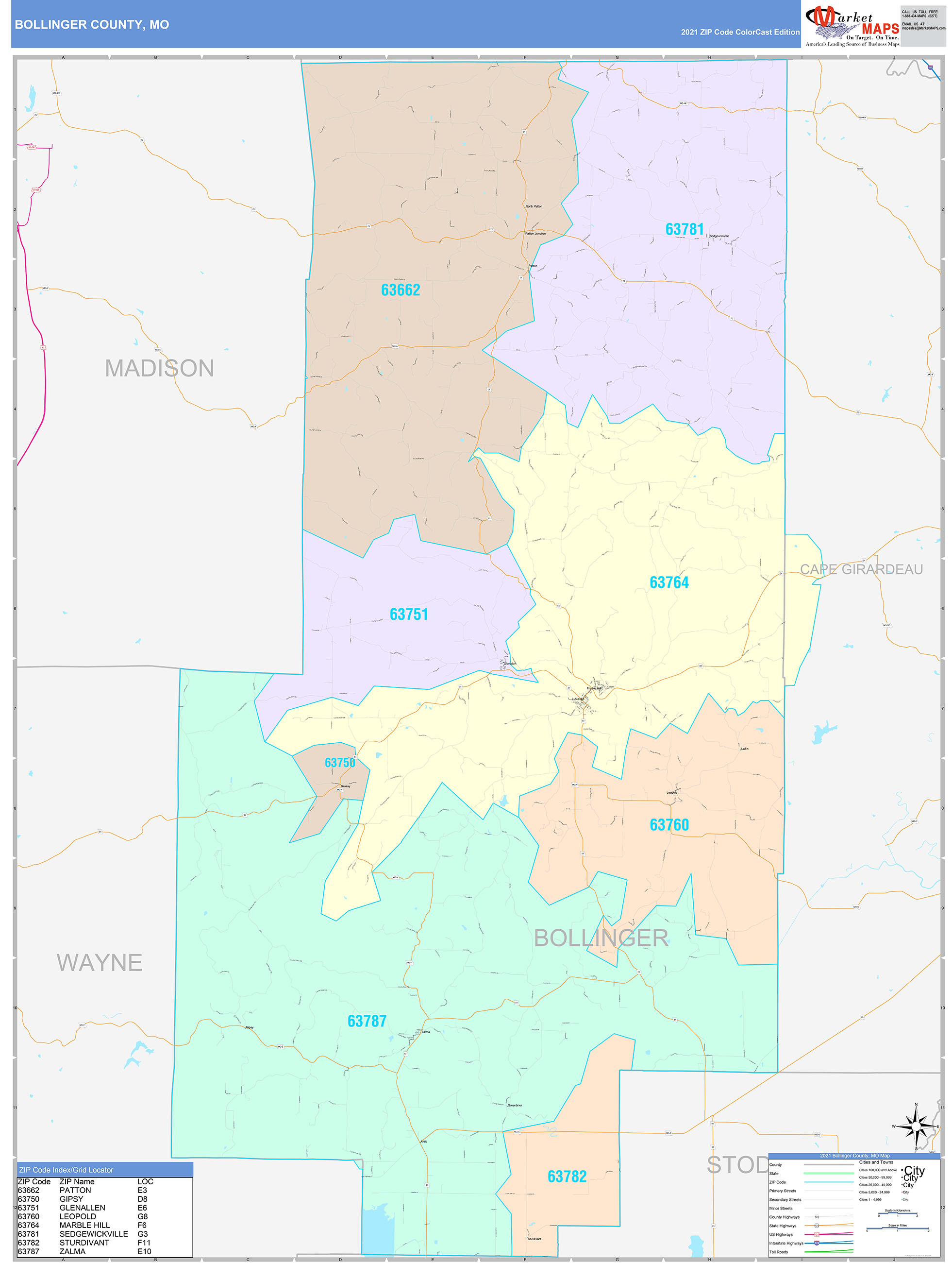 Bollinger County, MO Wall Map Color Cast Style by MarketMAPS