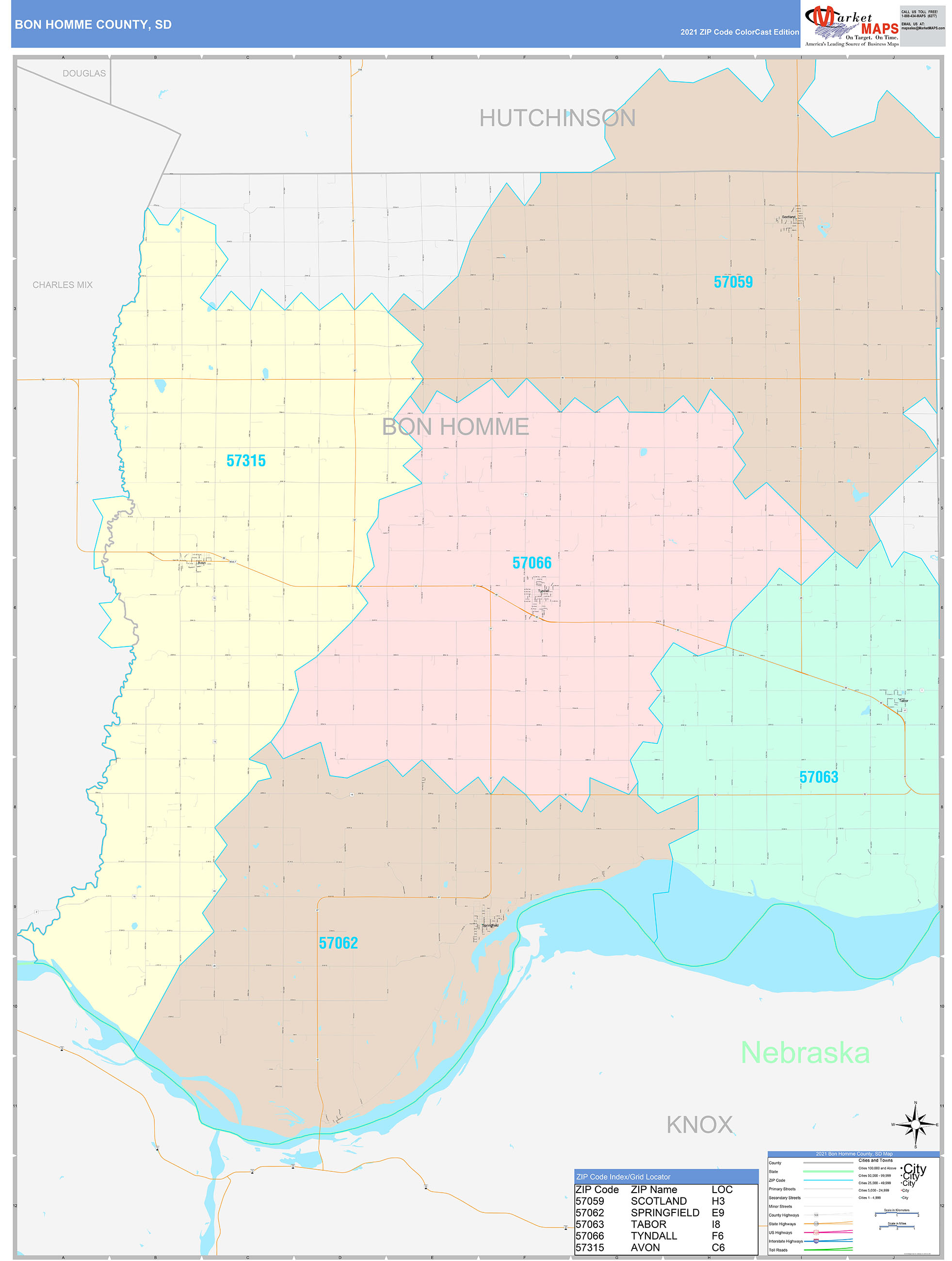 Bon Homme County, SD Wall Map Color Cast Style by MarketMAPS