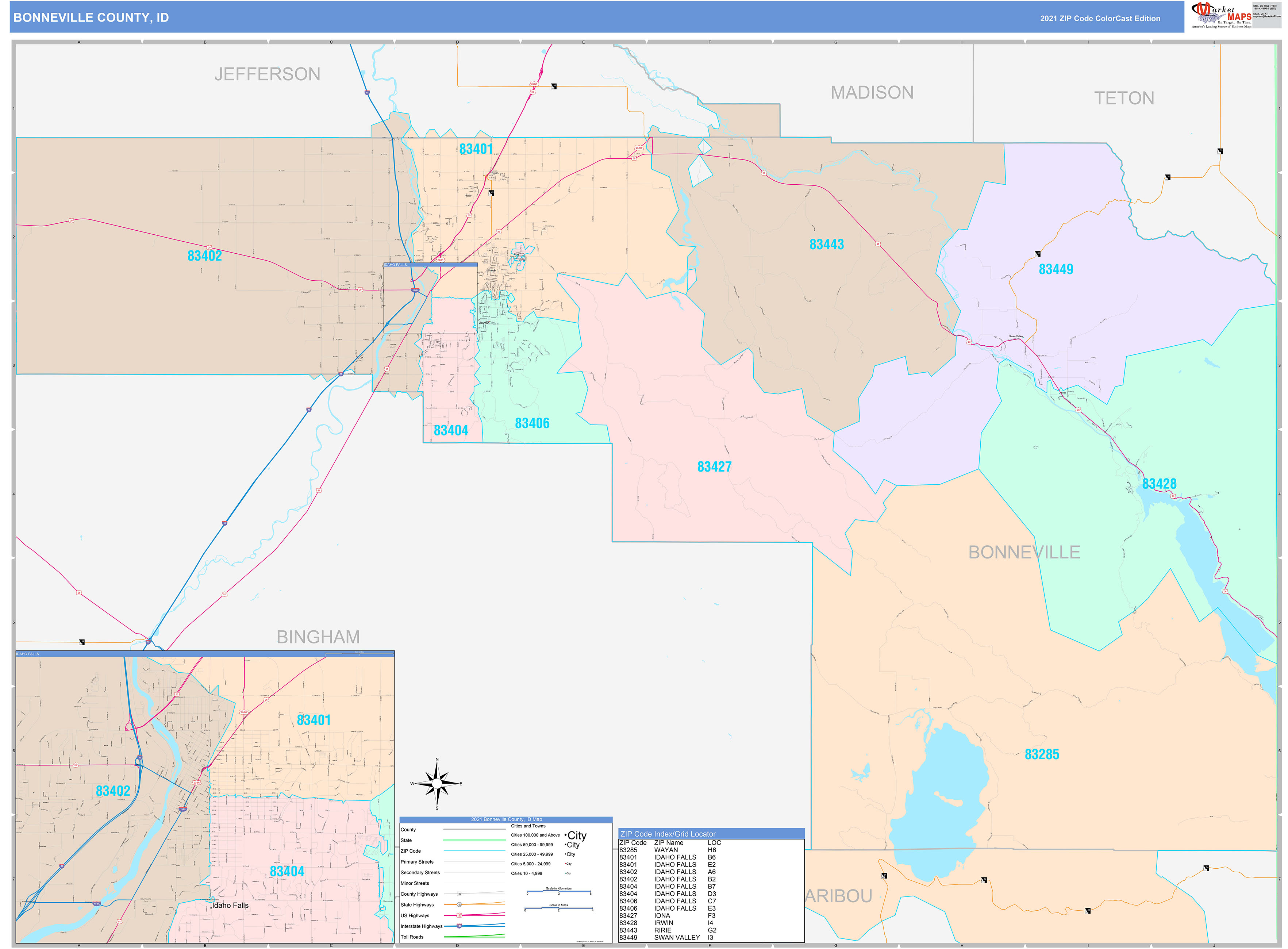 Bonneville County, ID Wall Map Color Cast Style by MarketMAPS