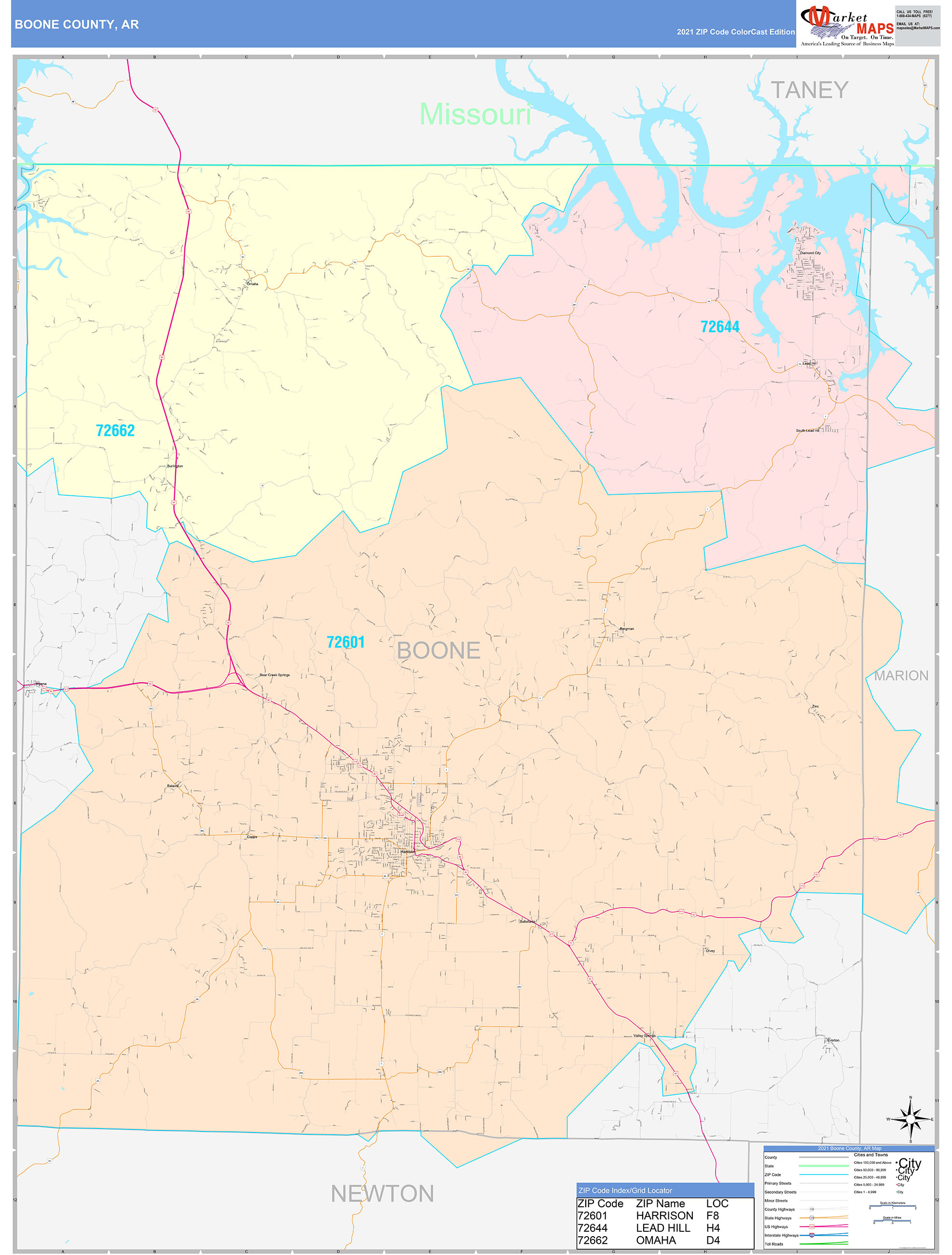 Boone County, AR Wall Map Color Cast Style by MarketMAPS - MapSales.com