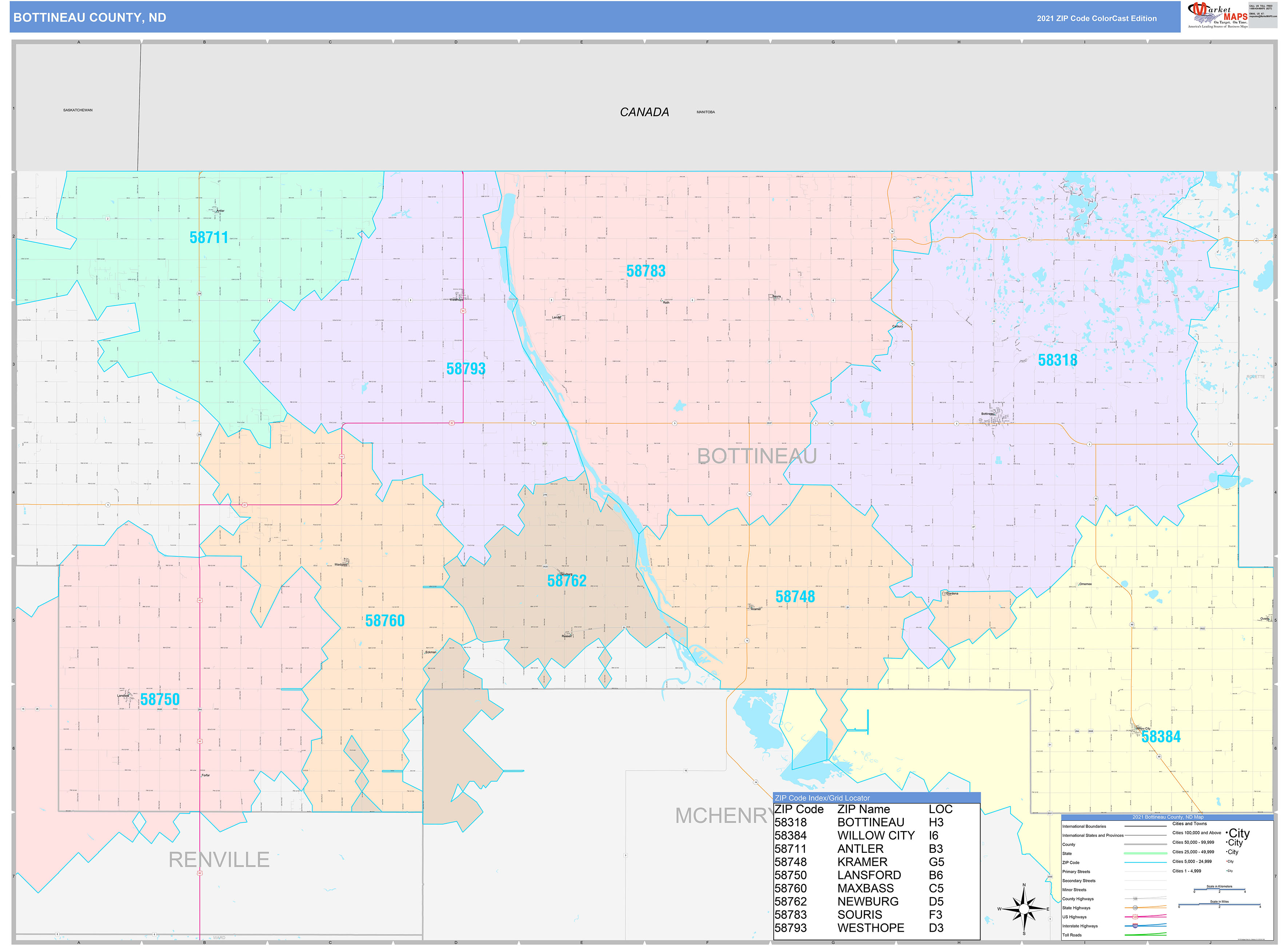 Bottineau County, ND Wall Map Color Cast Style by MarketMAPS