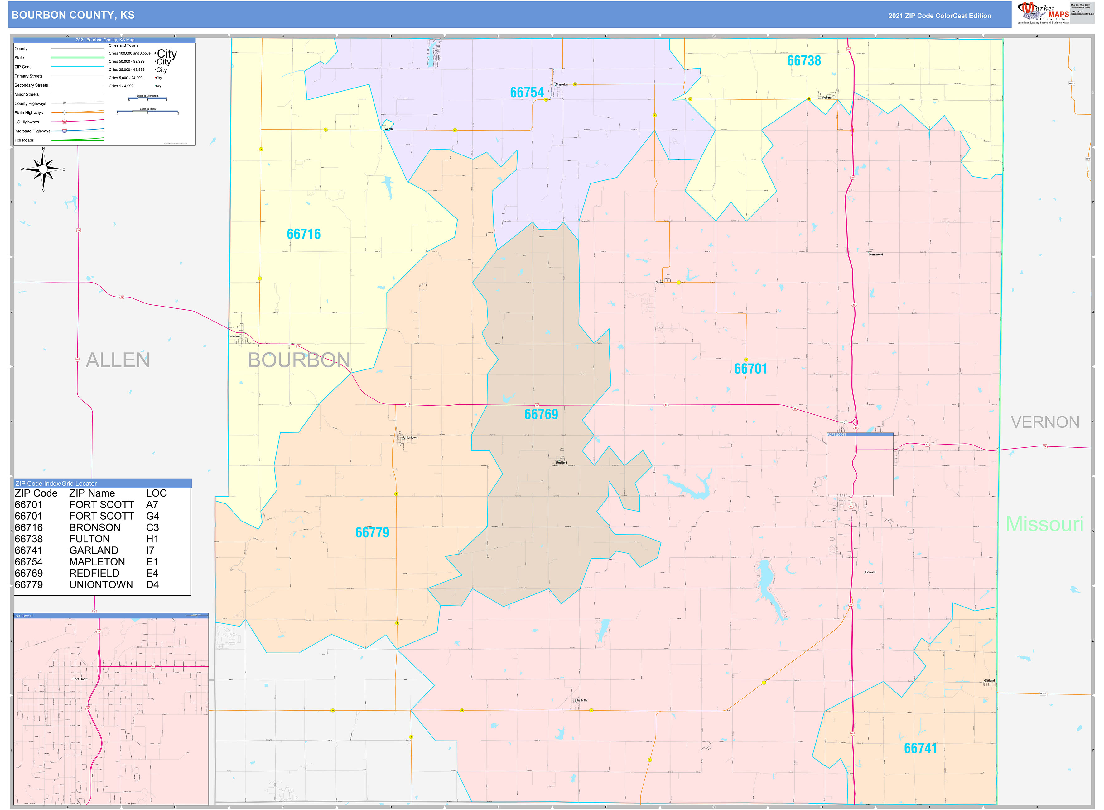 Bourbon County, KS Wall Map Color Cast Style by MarketMAPS