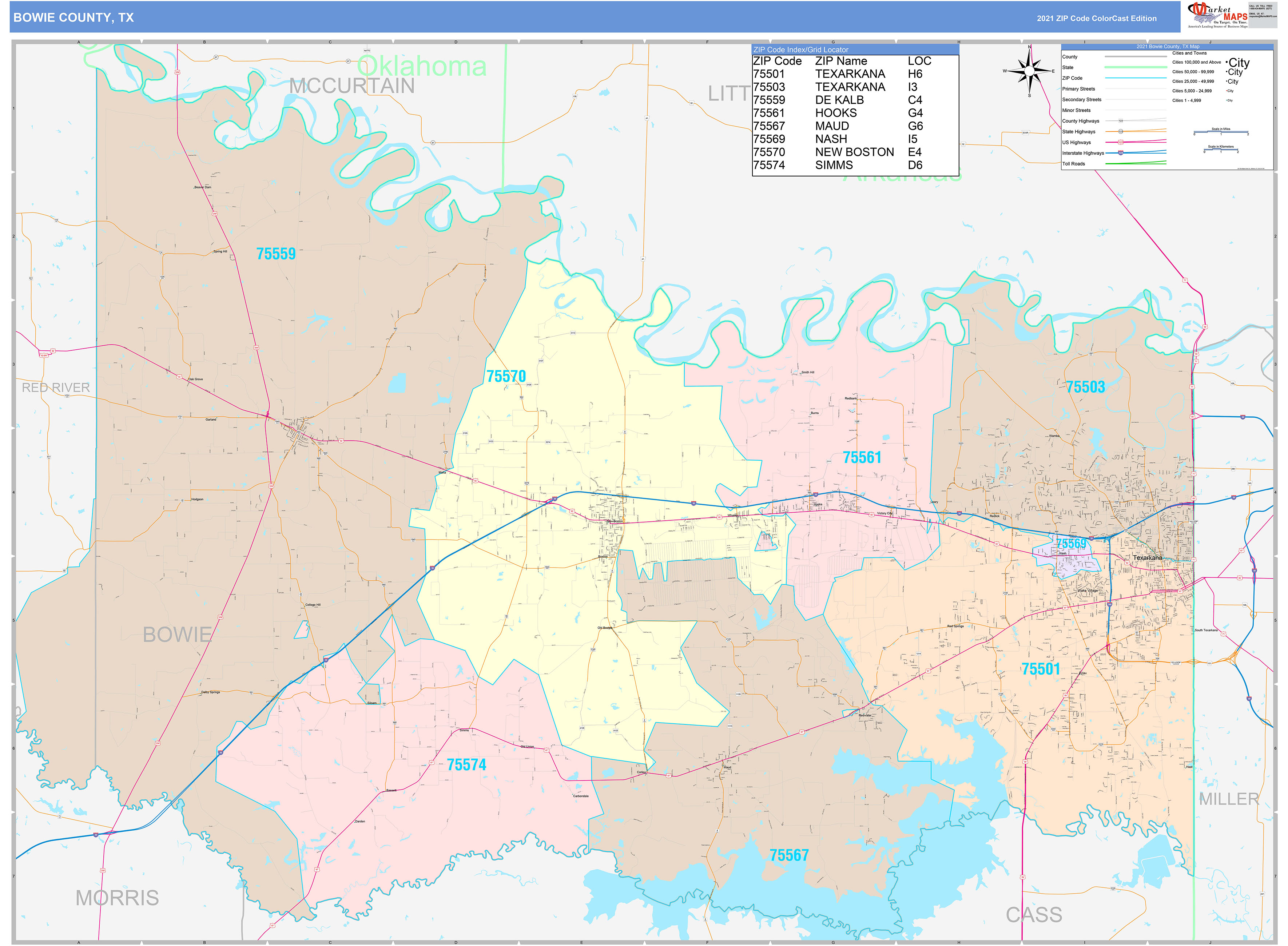 Bowie County, TX Wall Map Color Cast Style by MarketMAPS