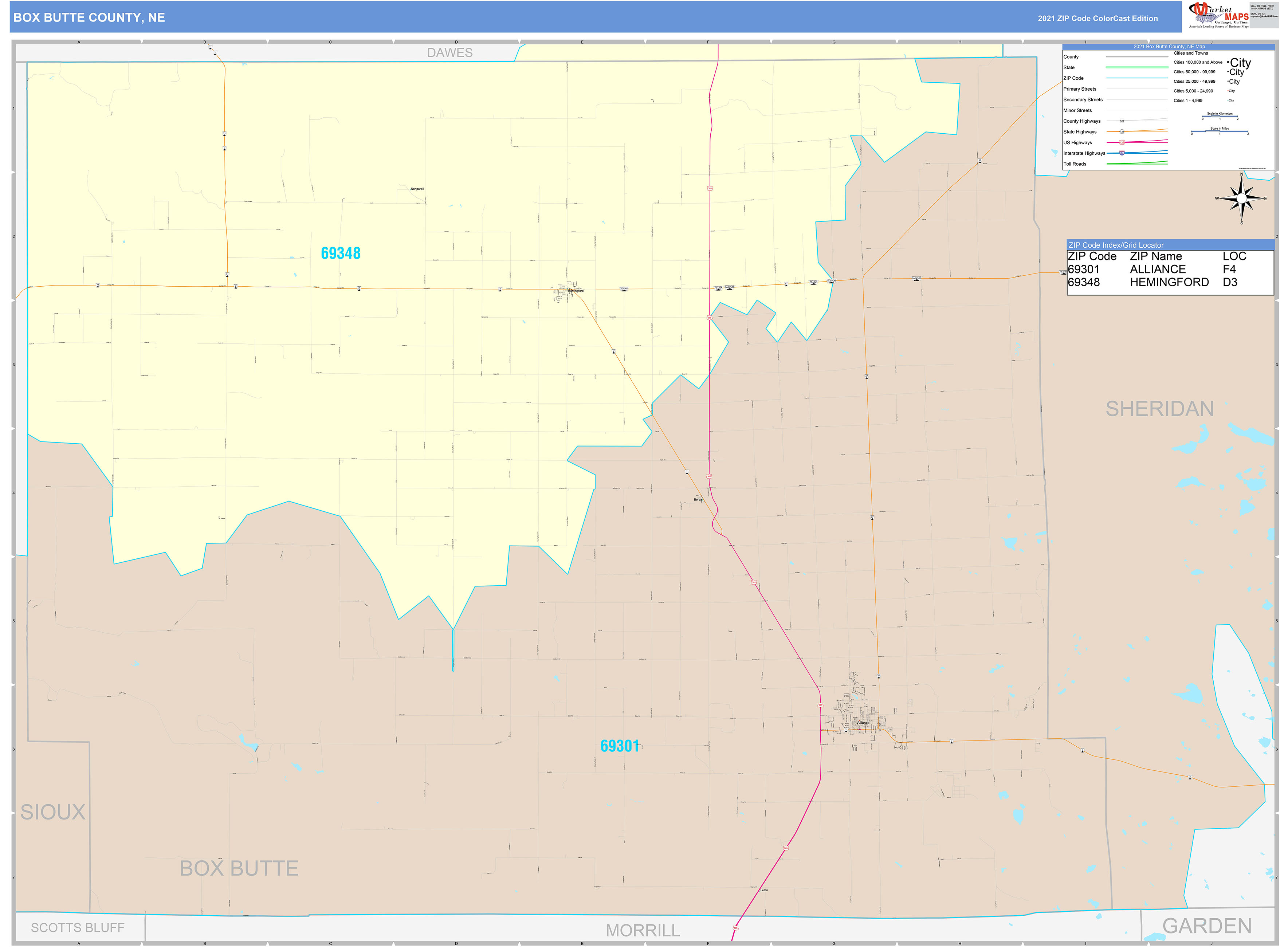 Box Butte County, NE Wall Map Color Cast Style by MarketMAPS MapSales