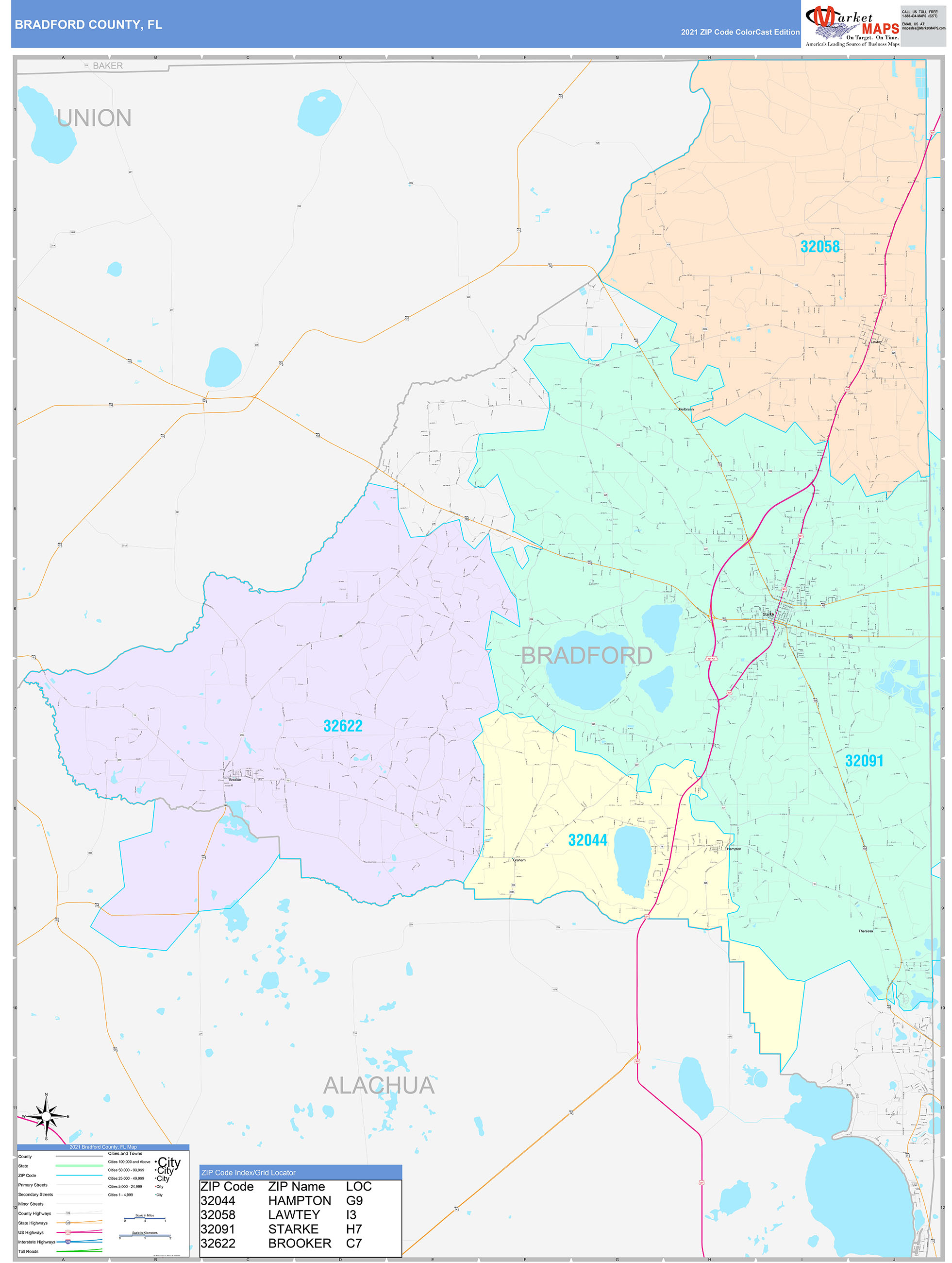 Bradford County, FL Wall Map Color Cast Style by MarketMAPS
