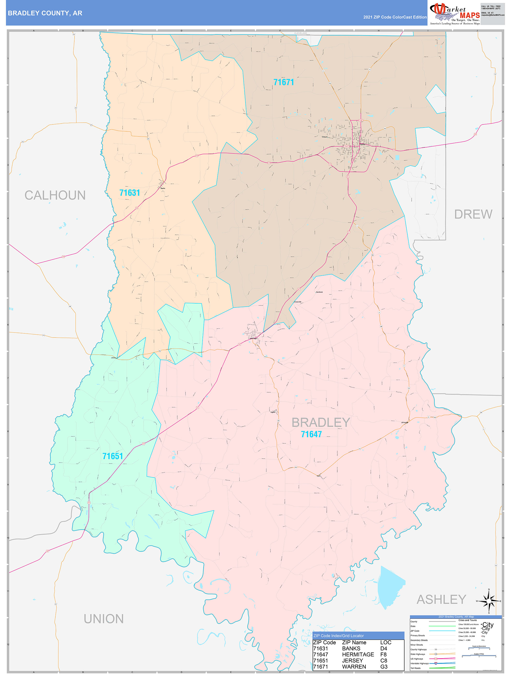 Bradley County, AR Wall Map Color Cast Style by MarketMAPS - MapSales