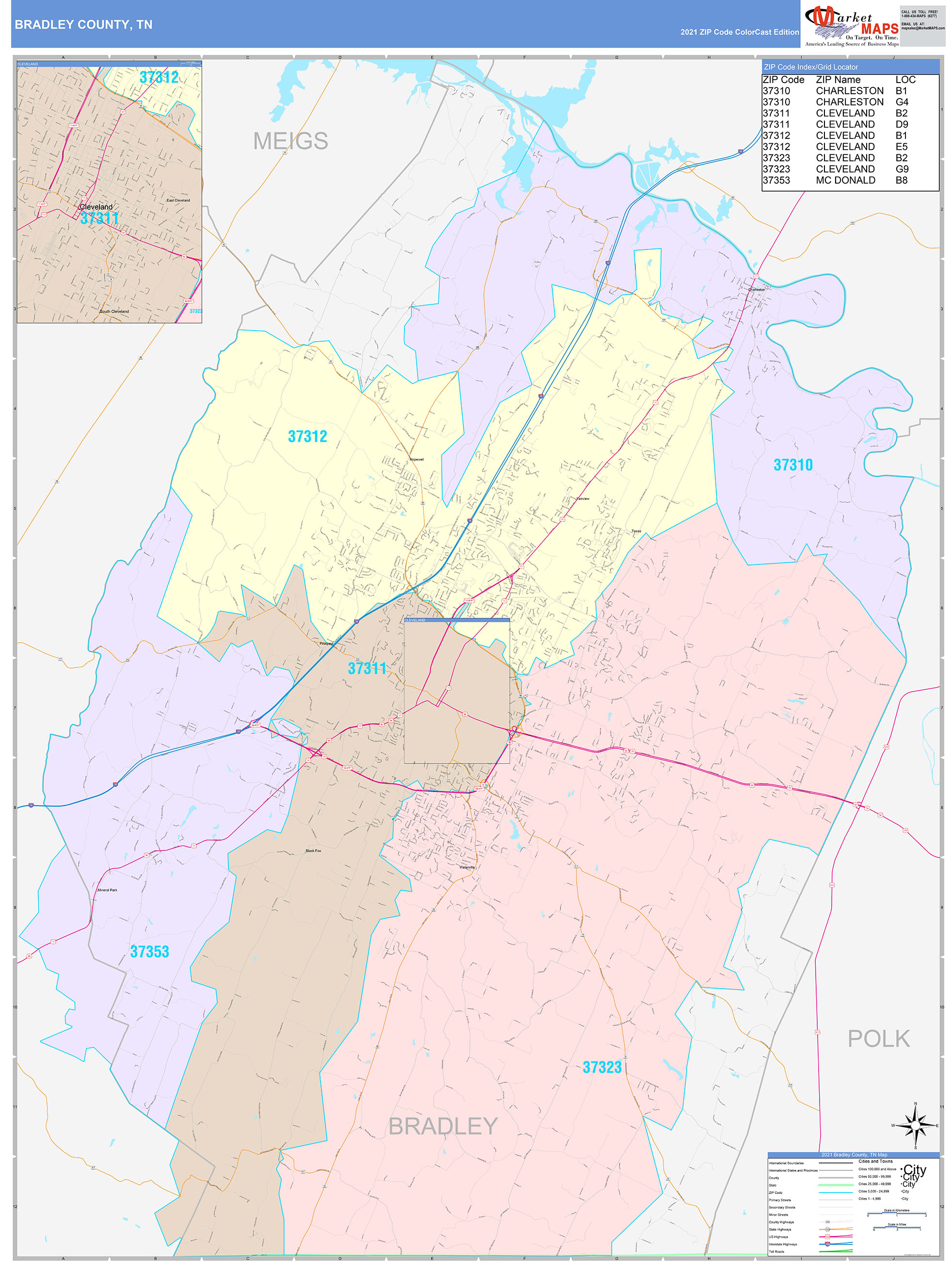 Bradley County, TN Wall Map Color Cast Style by MarketMAPS - MapSales.com