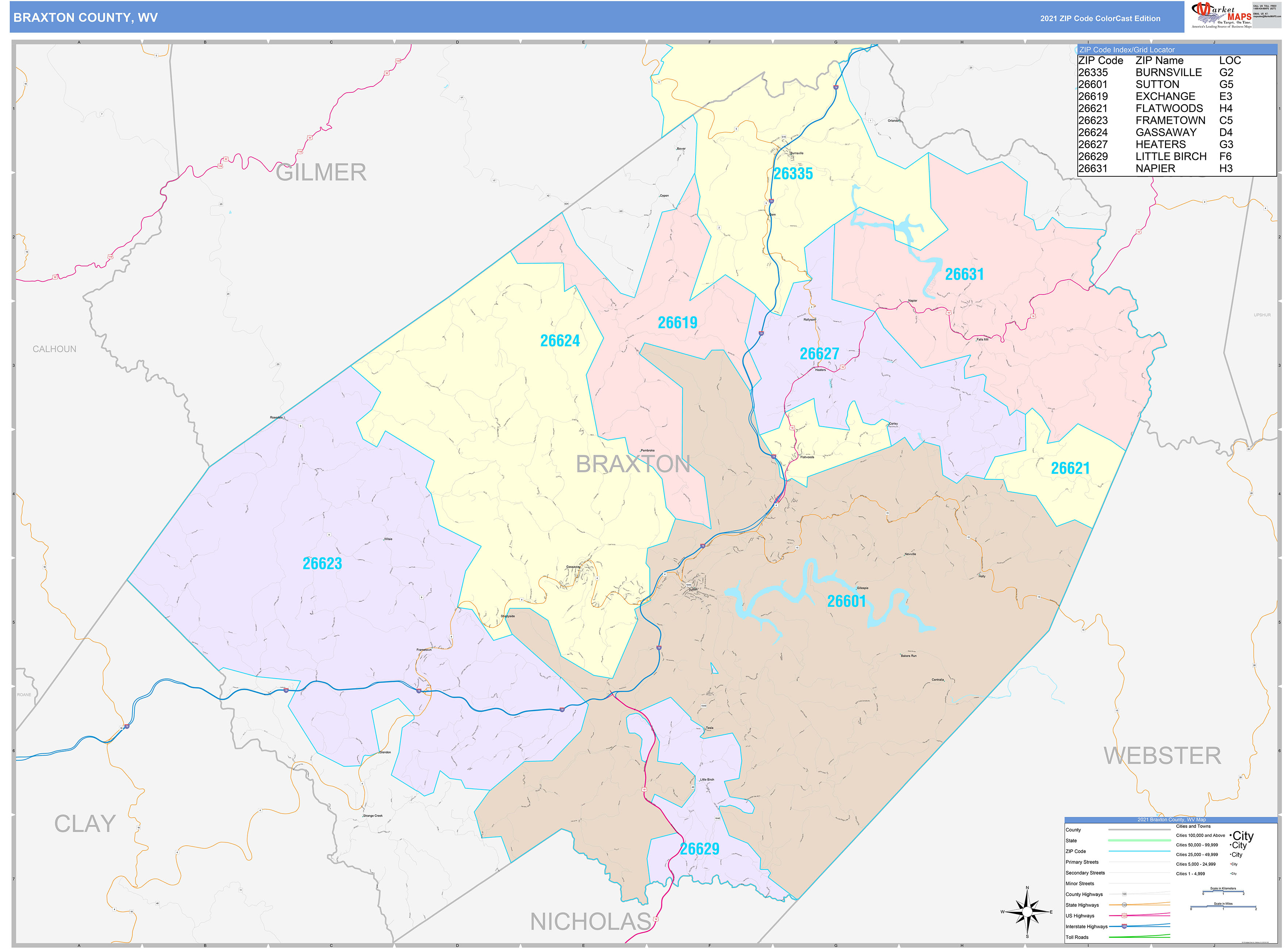 Braxton County, WV Wall Map Color Cast Style by MarketMAPS