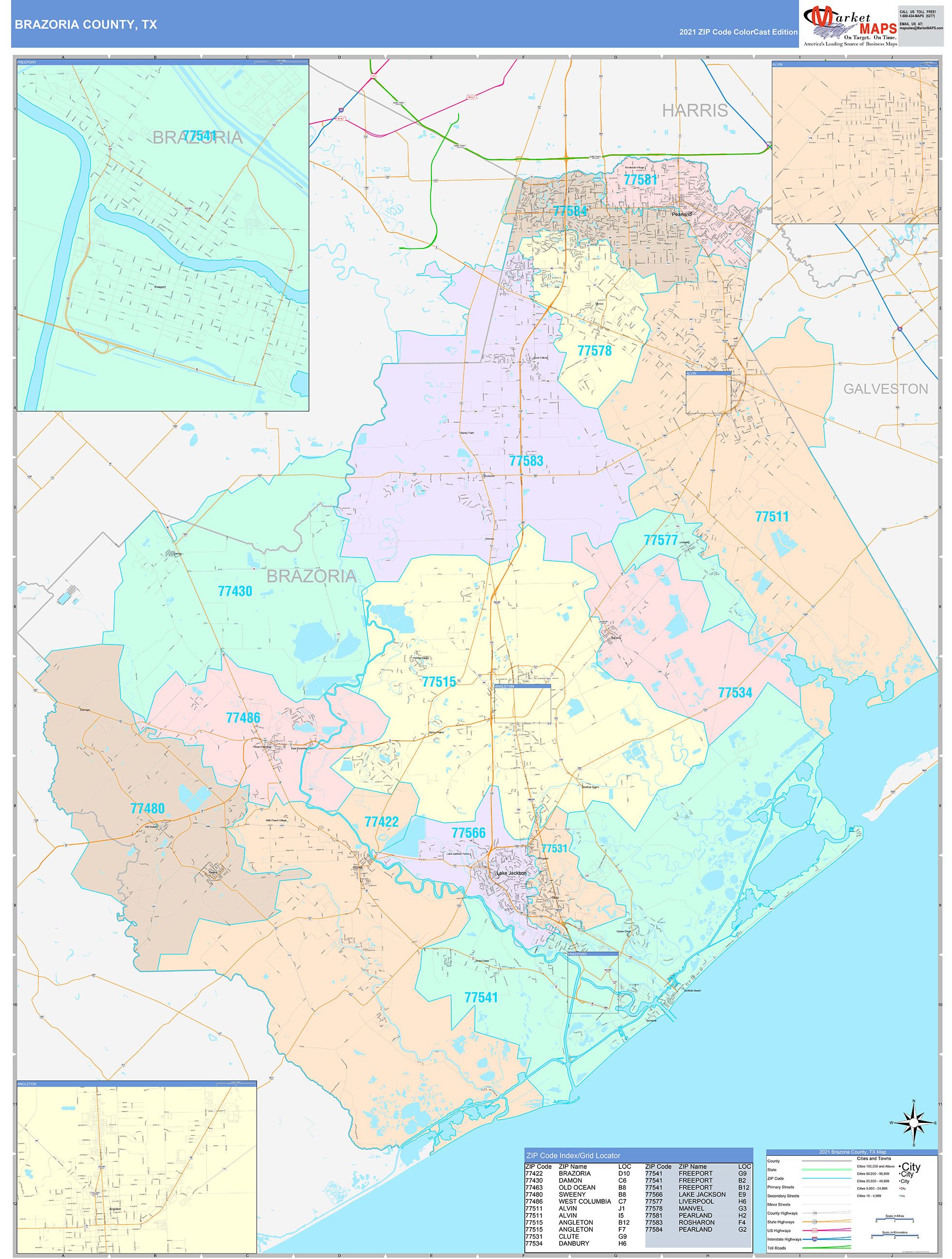 Brazoria County, TX Wall Map Color Cast Style by MarketMAPS