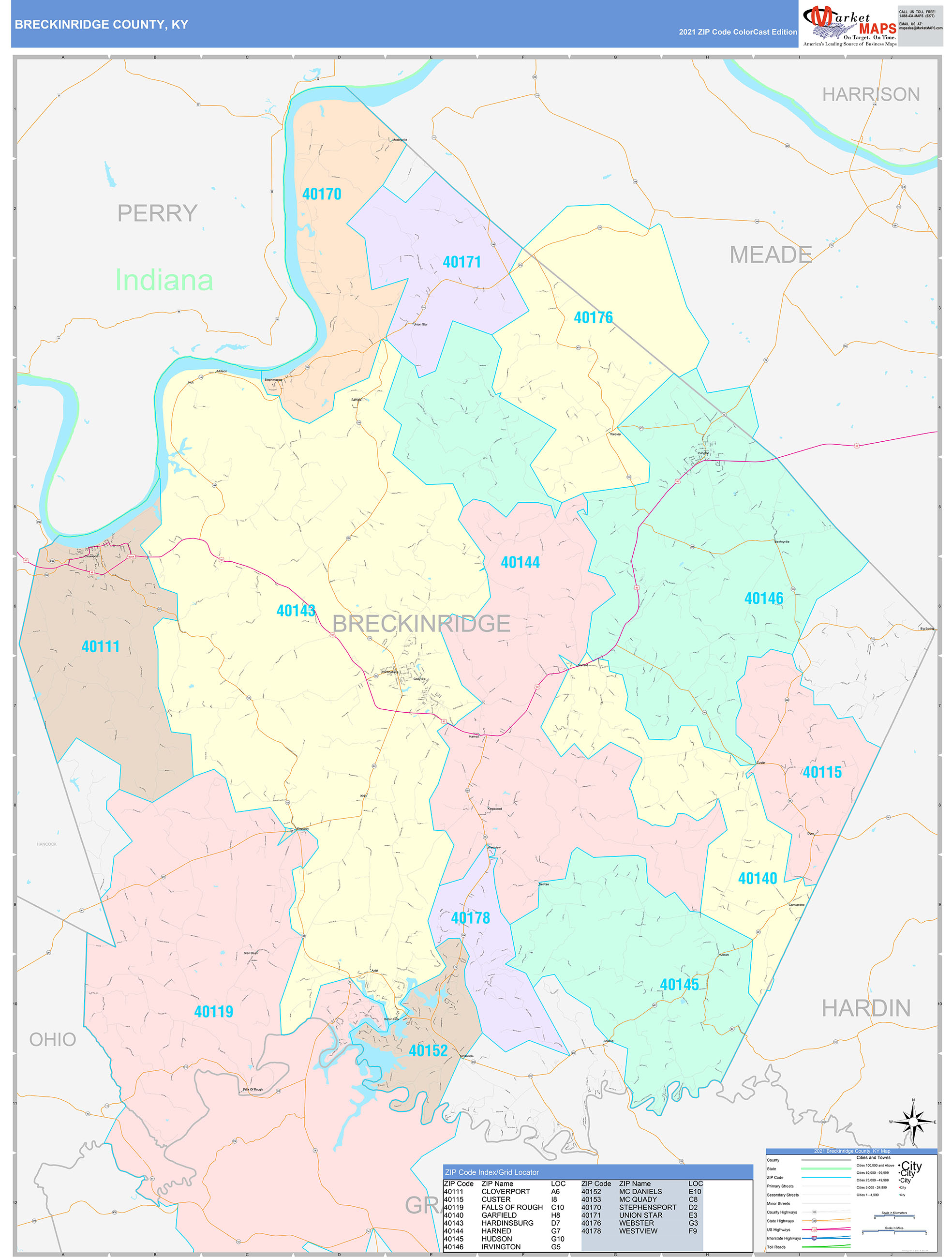 Breckinridge County, KY Wall Map Color Cast Style by MarketMAPS
