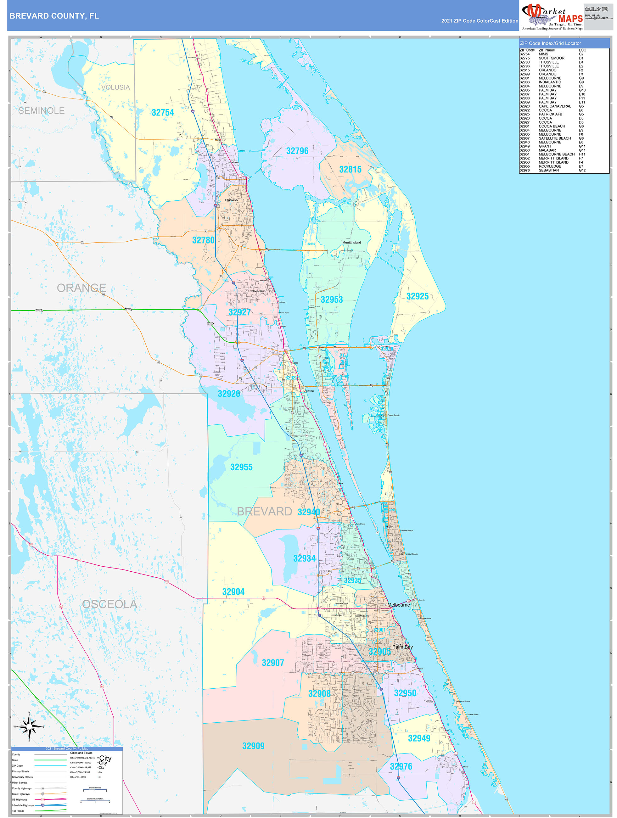 Brevard County, FL Wall Map Color Cast Style by MarketMAPS
