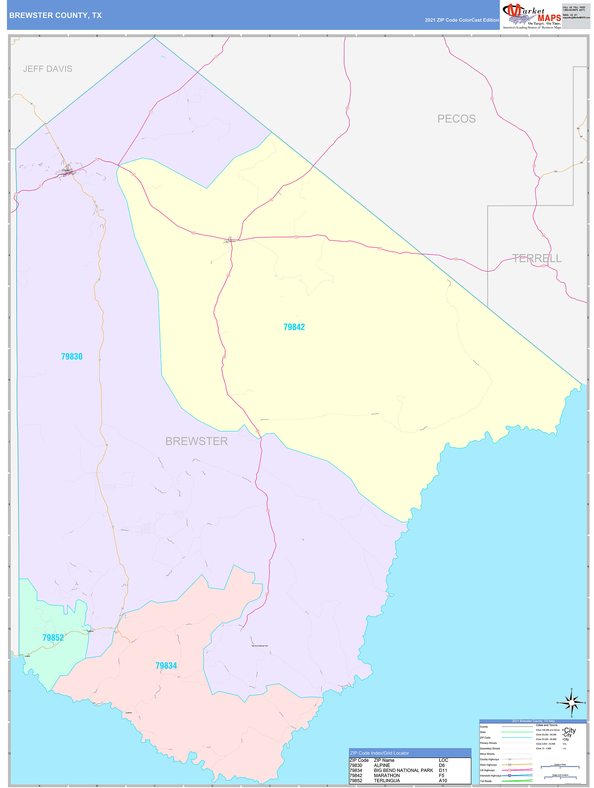 Brewster County, TX Wall Map Color Cast Style by MarketMAPS