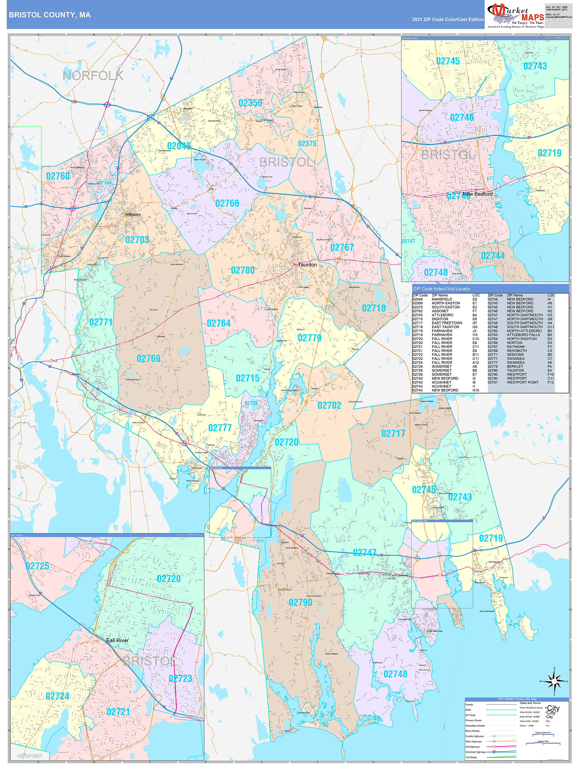 Bristol County Ma Wall Map Color Cast Style By Marketmaps Mapsales