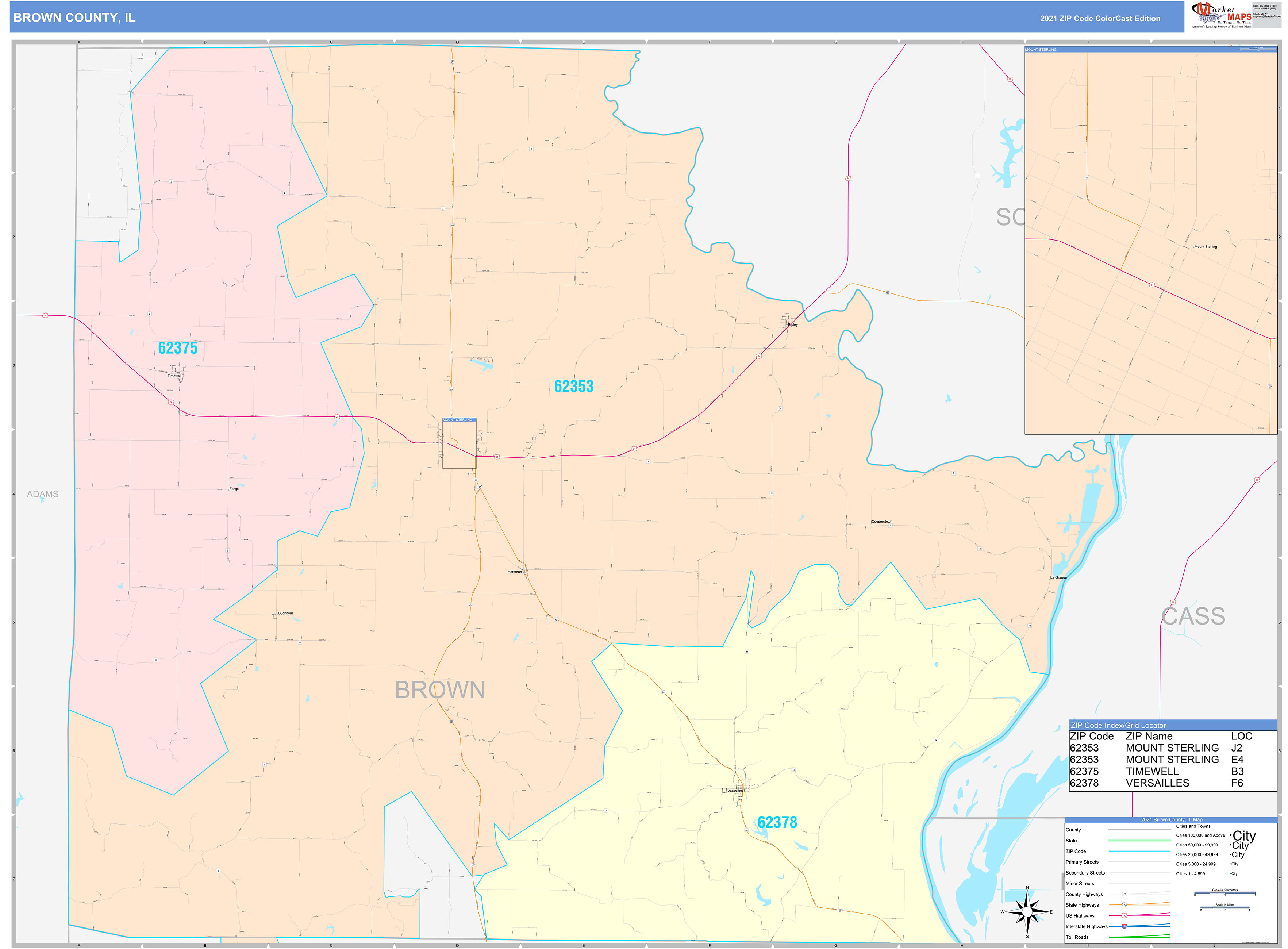 Brown County, IL Wall Map Color Cast Style by MarketMAPS