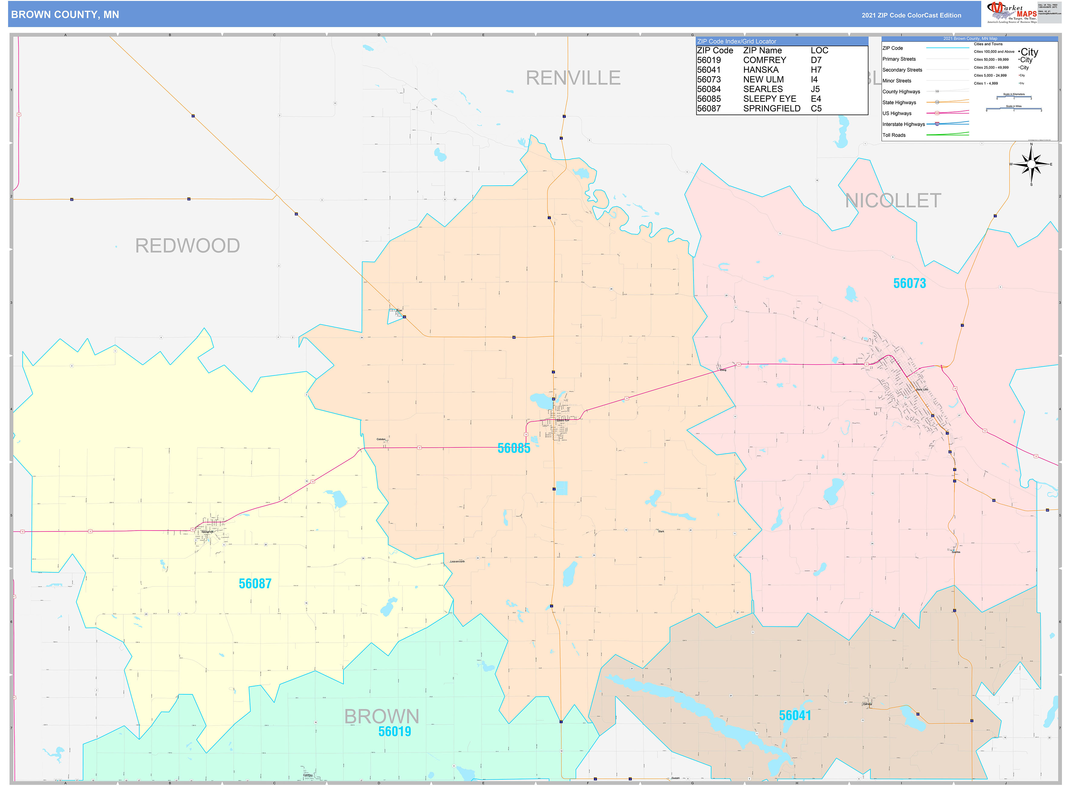 Brown County, MN Wall Map Color Cast Style by MarketMAPS MapSales