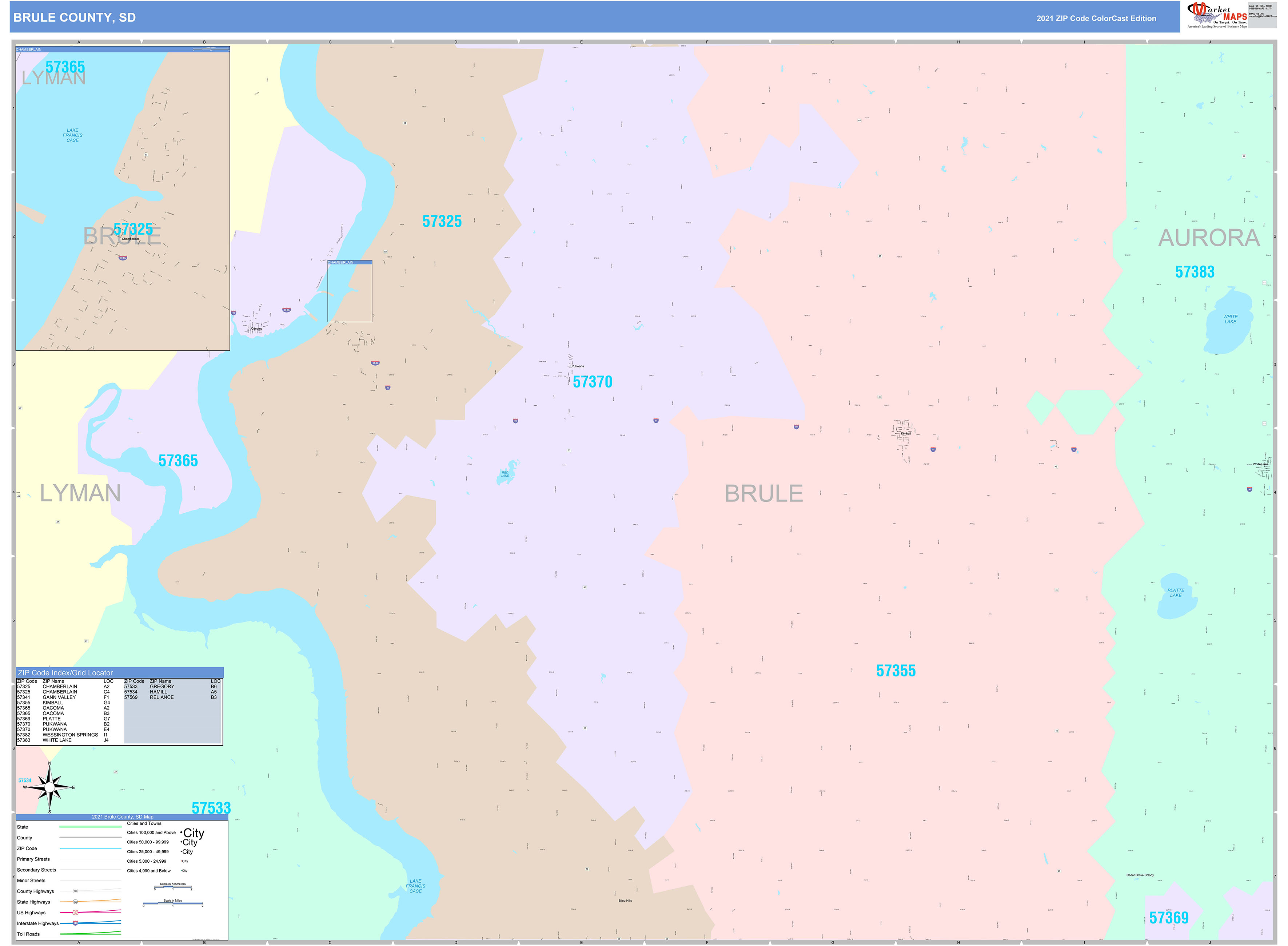 Brule County, SD Wall Map Color Cast Style by MarketMAPS