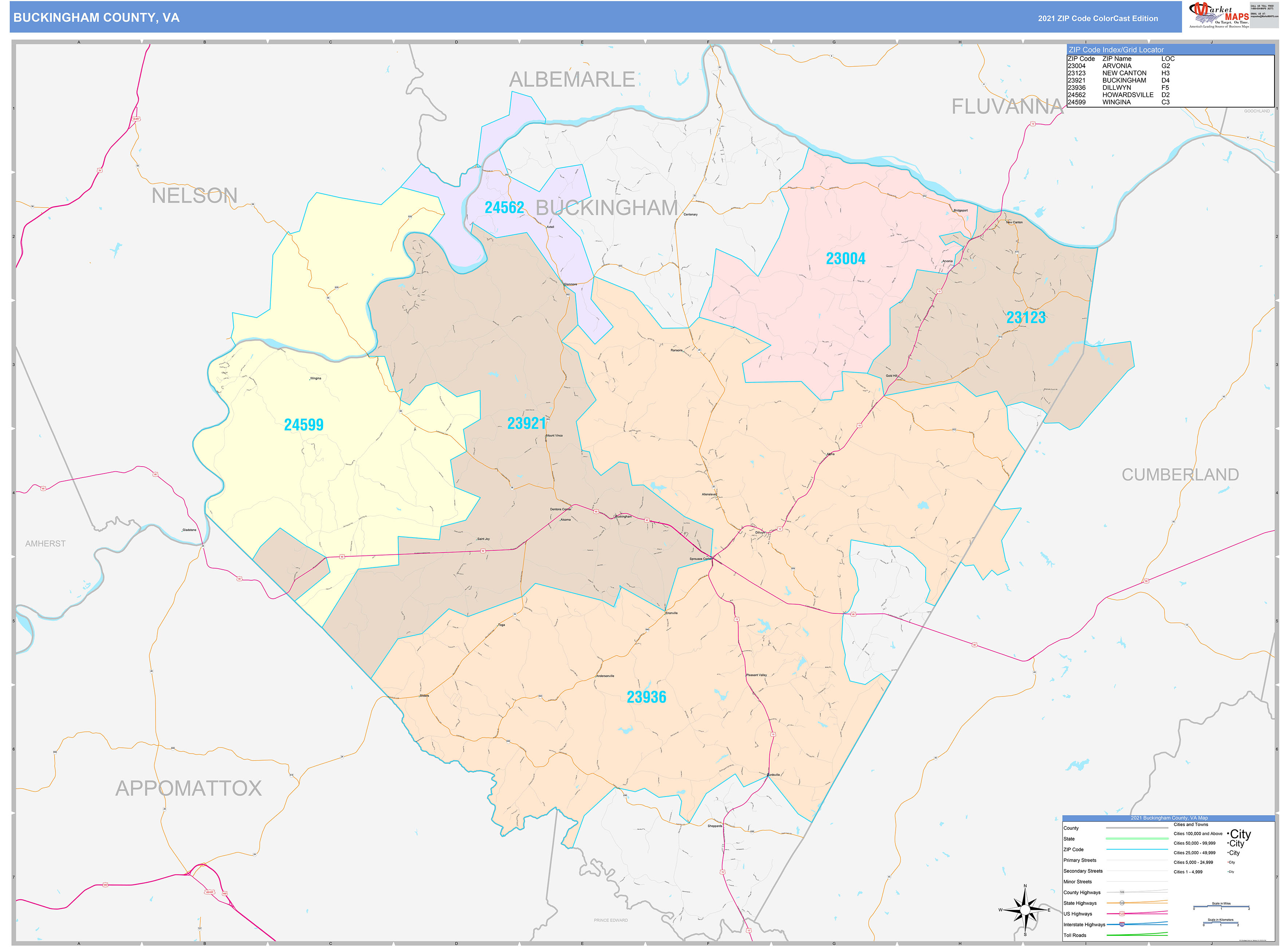Buckingham County, VA Wall Map Color Cast Style by MarketMAPS
