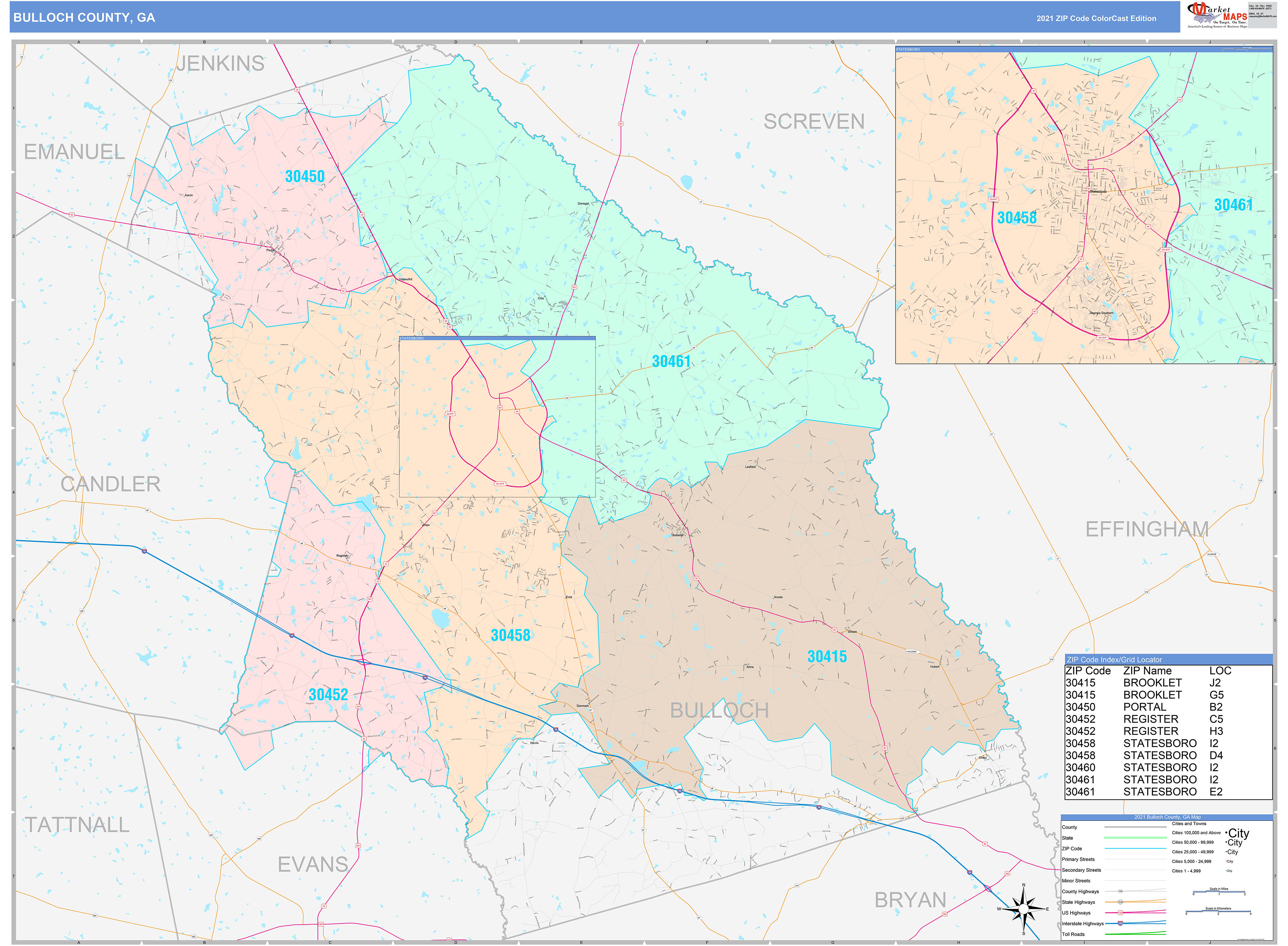 Bulloch County GA Wall Map Color Cast Style By MarketMAPS