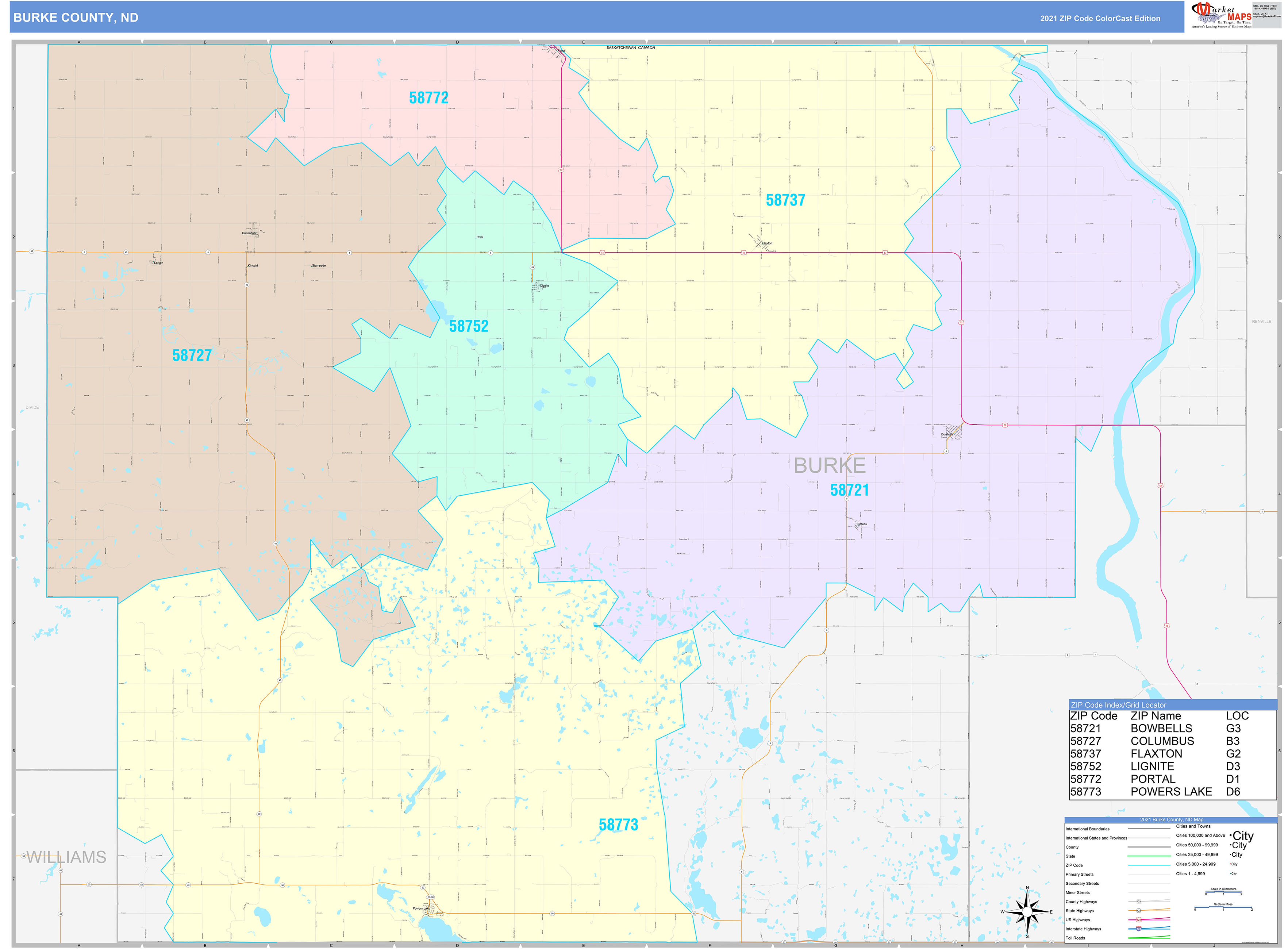 Burke County, ND Wall Map Color Cast Style by MarketMAPS
