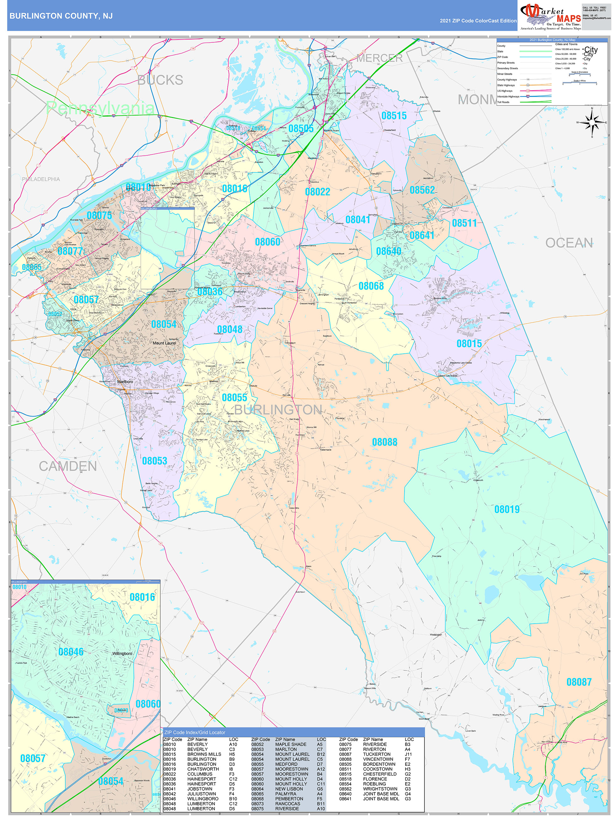 Burlington County, NJ Wall Map Color Cast Style by MarketMAPS MapSales