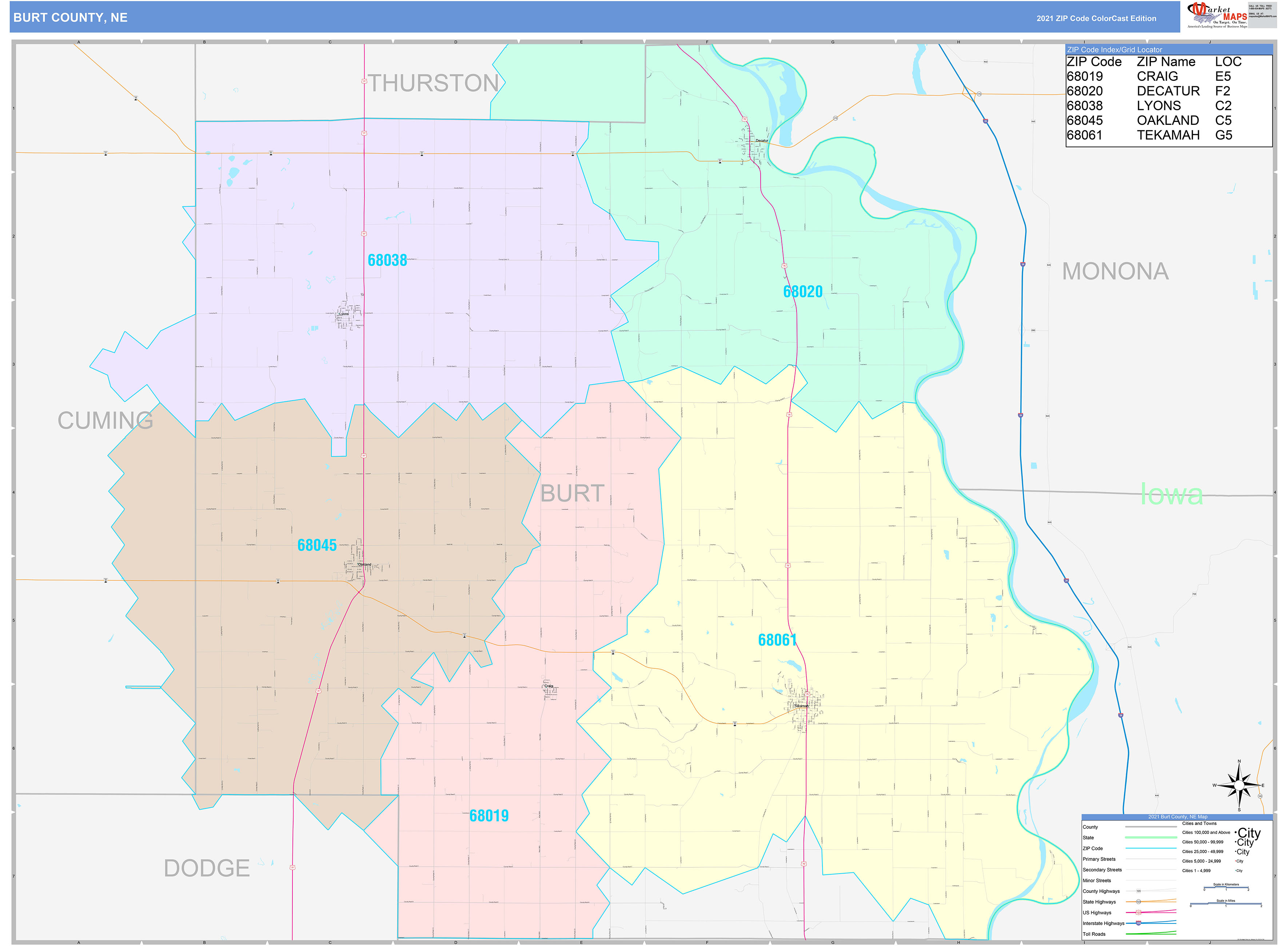 Burt County, NE Wall Map Color Cast Style by MarketMAPS