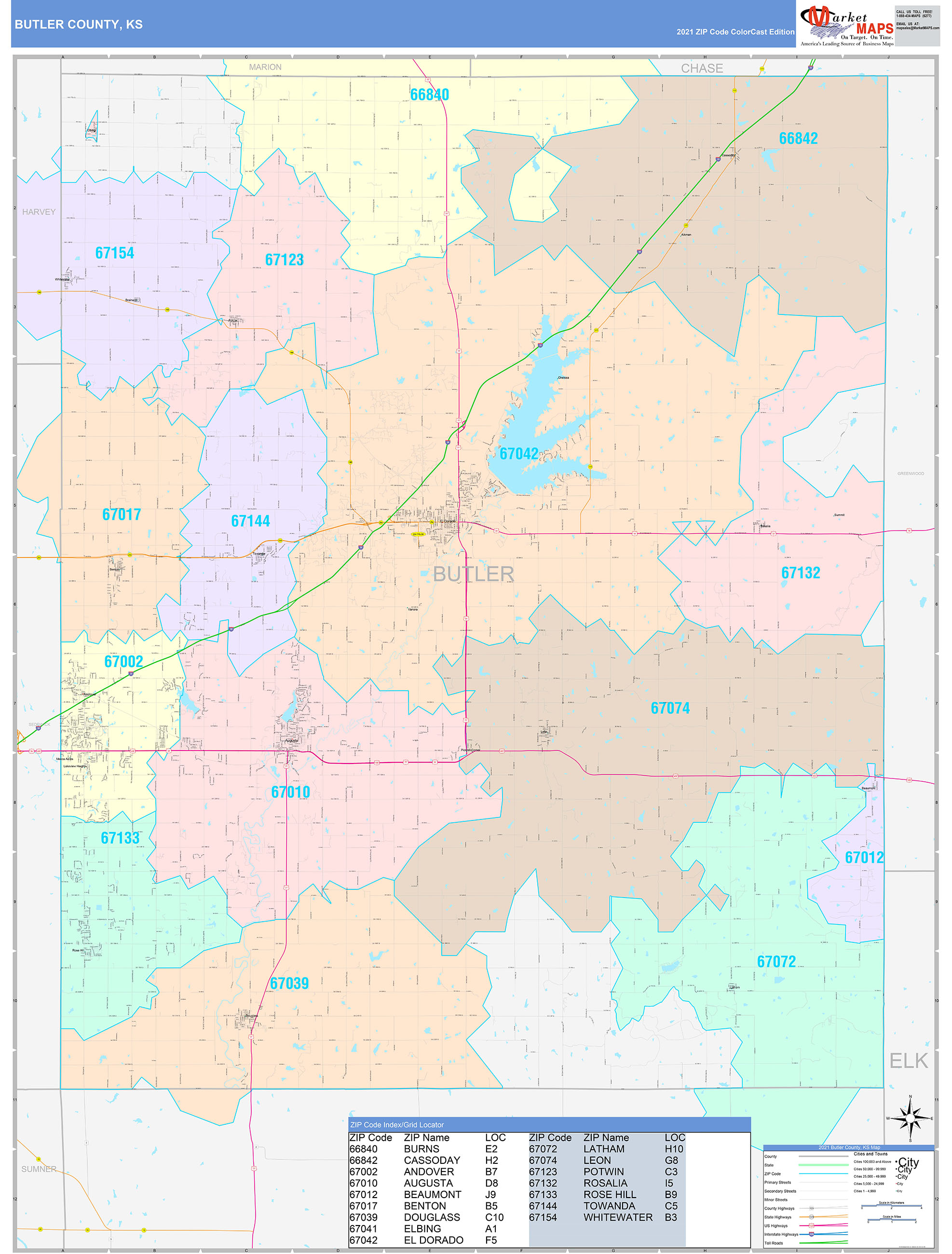 Butler County, KS Wall Map Color Cast Style by MarketMAPS
