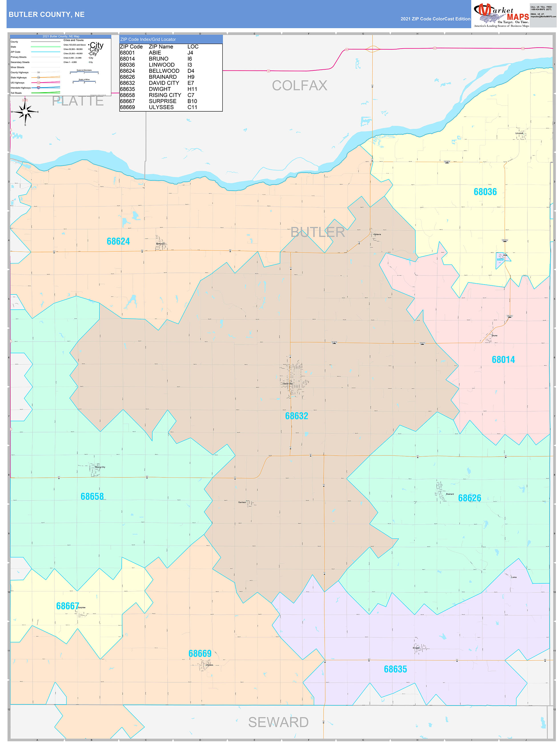 Butler County, NE Wall Map Color Cast Style by MarketMAPS