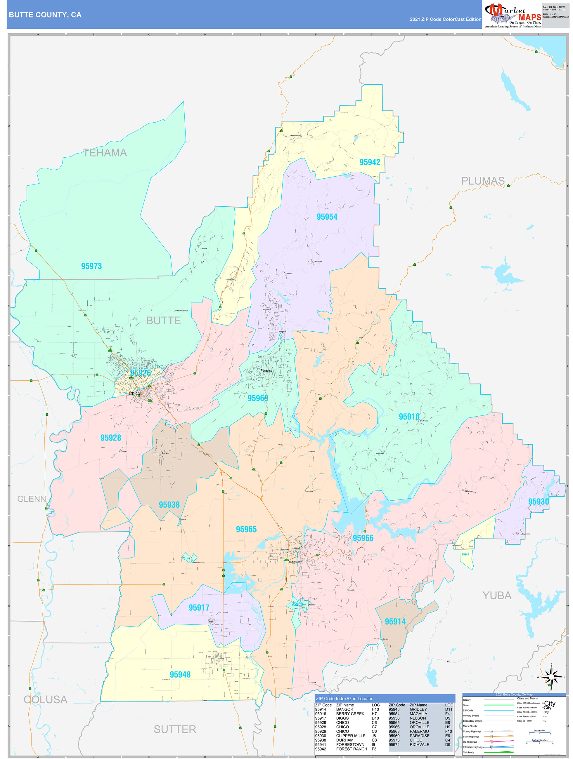 Butte County, CA Wall Map Color Cast Style by MarketMAPS