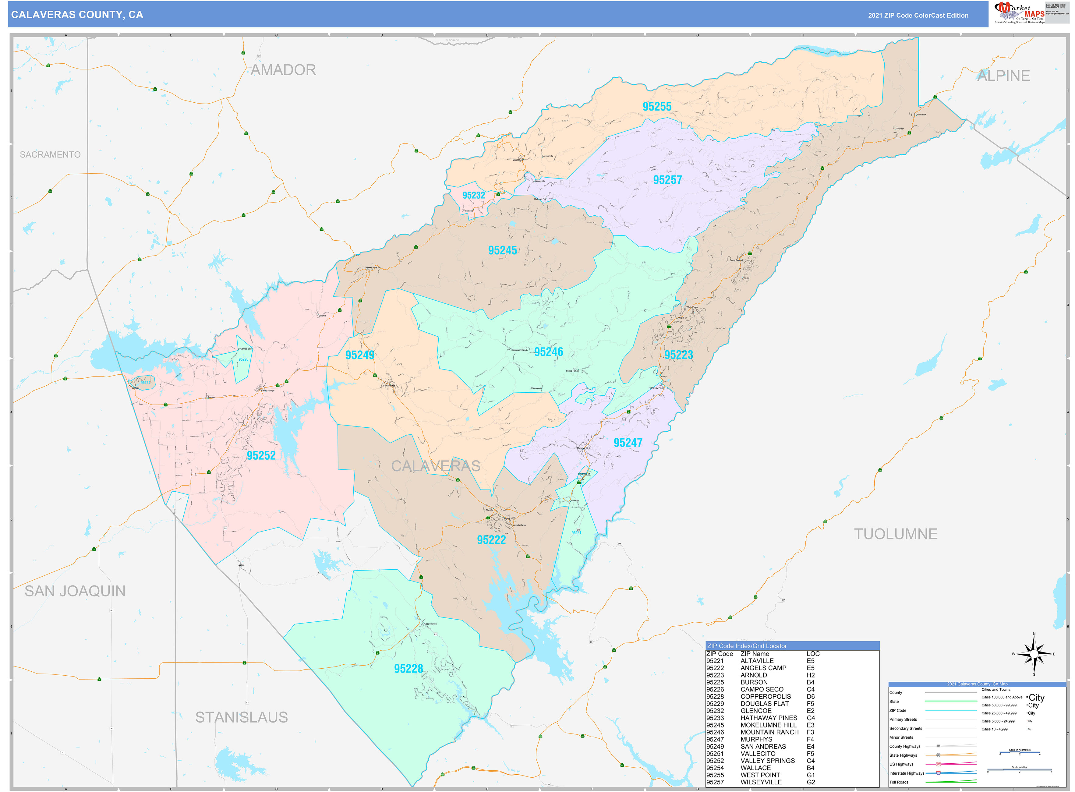Calaveras County, CA Wall Map Color Cast Style by MarketMAPS MapSales