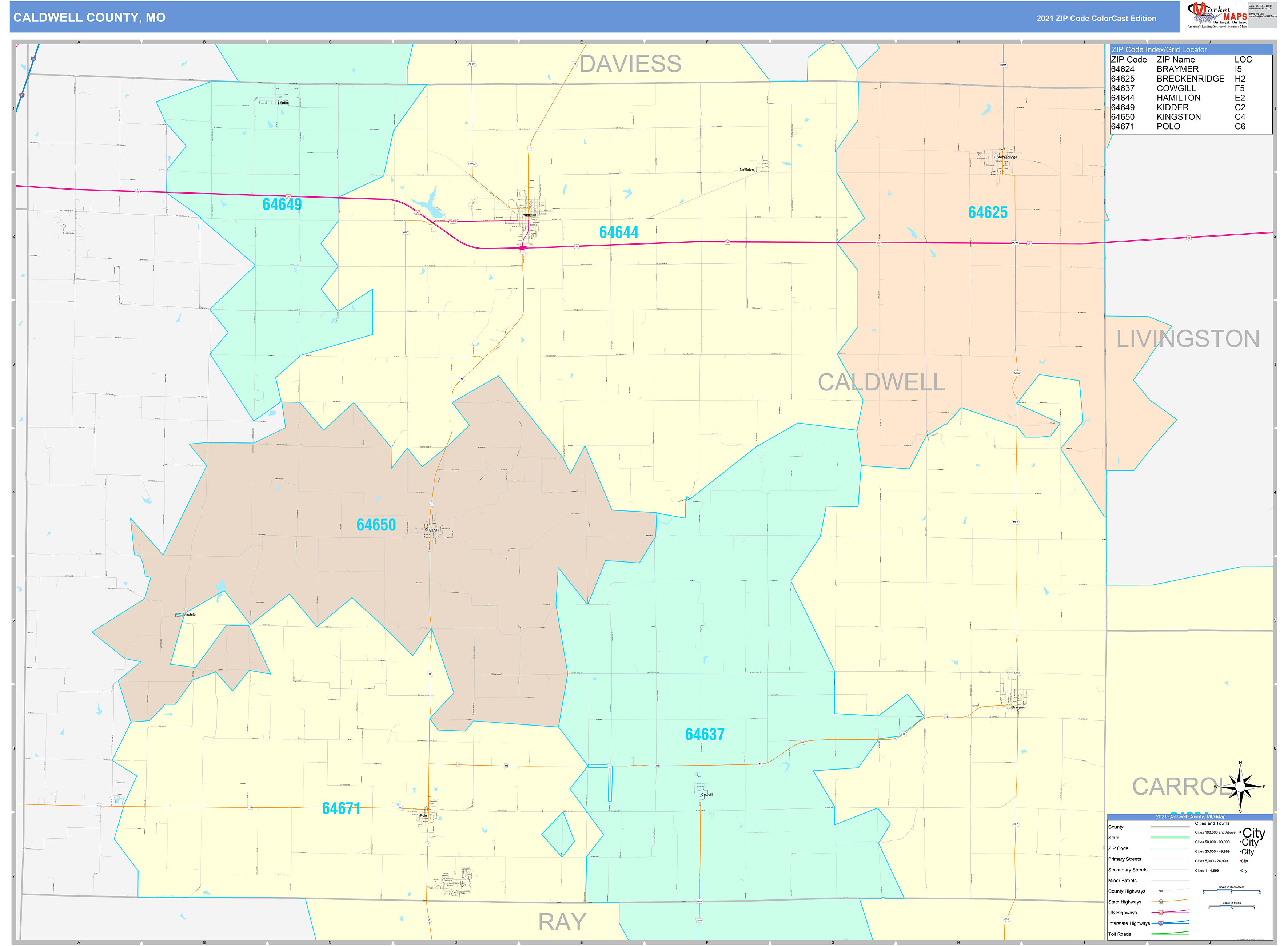 Caldwell County, MO Wall Map Color Cast Style by MarketMAPS MapSales