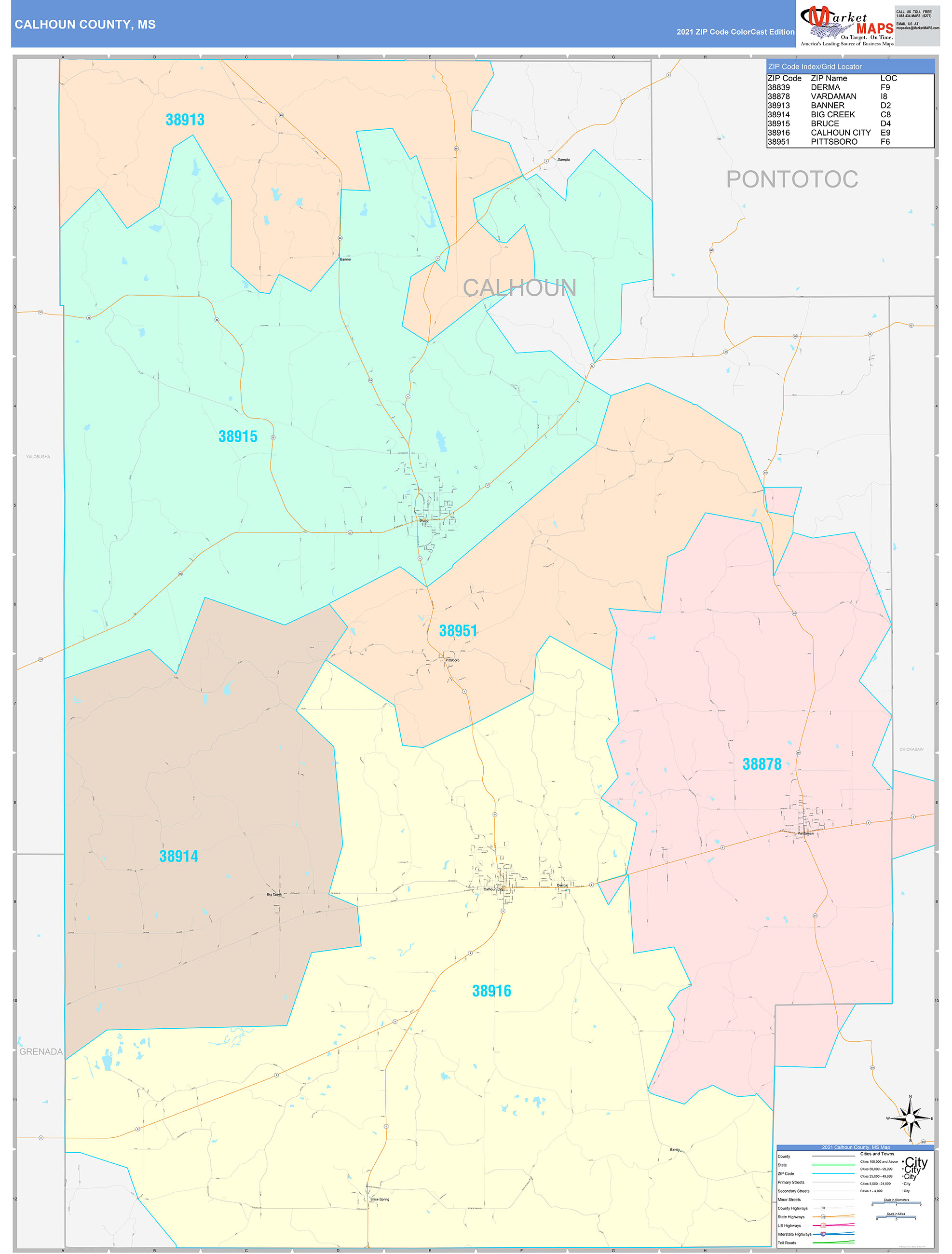 Calhoun County, MS Wall Map Color Cast Style by MarketMAPS