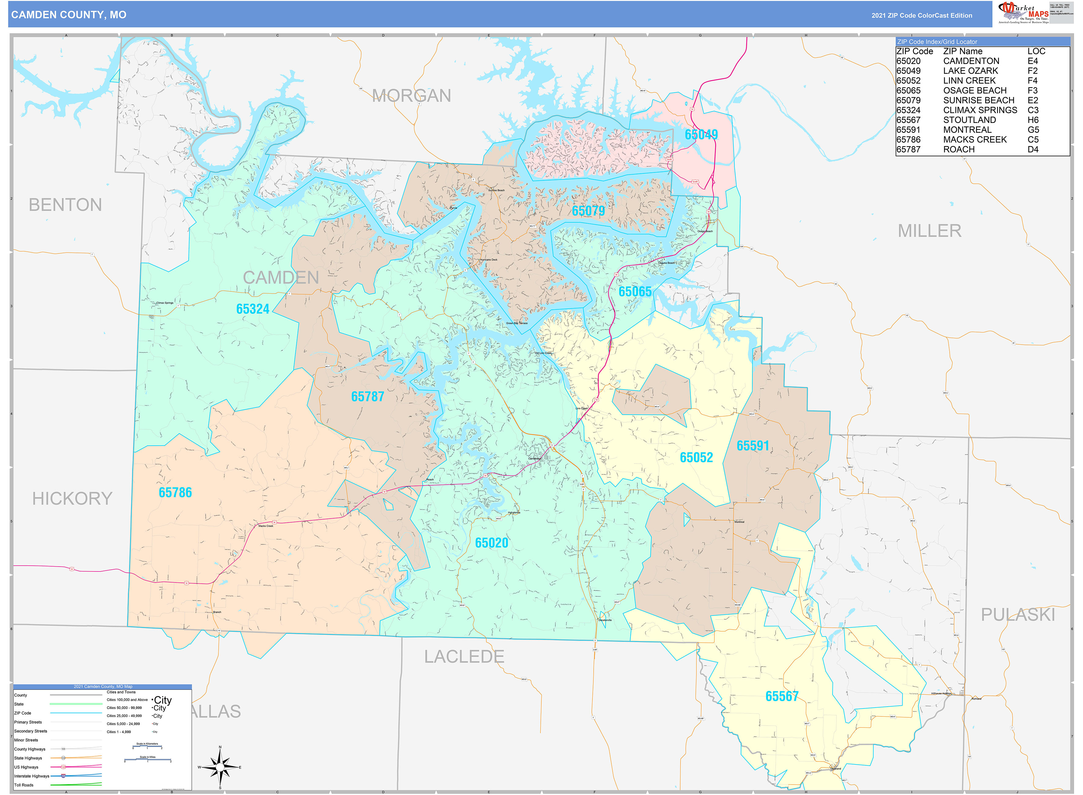 Camden County, MO Wall Map Color Cast Style