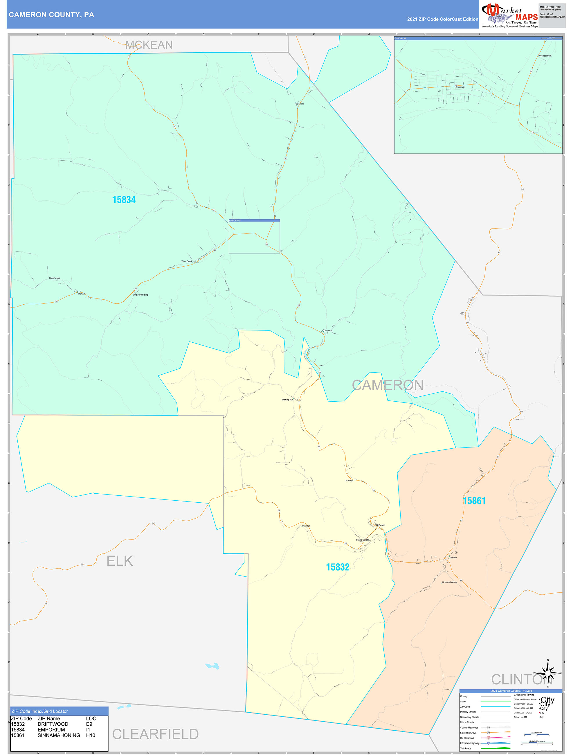 Cameron County, PA Wall Map Color Cast Style by MarketMAPS