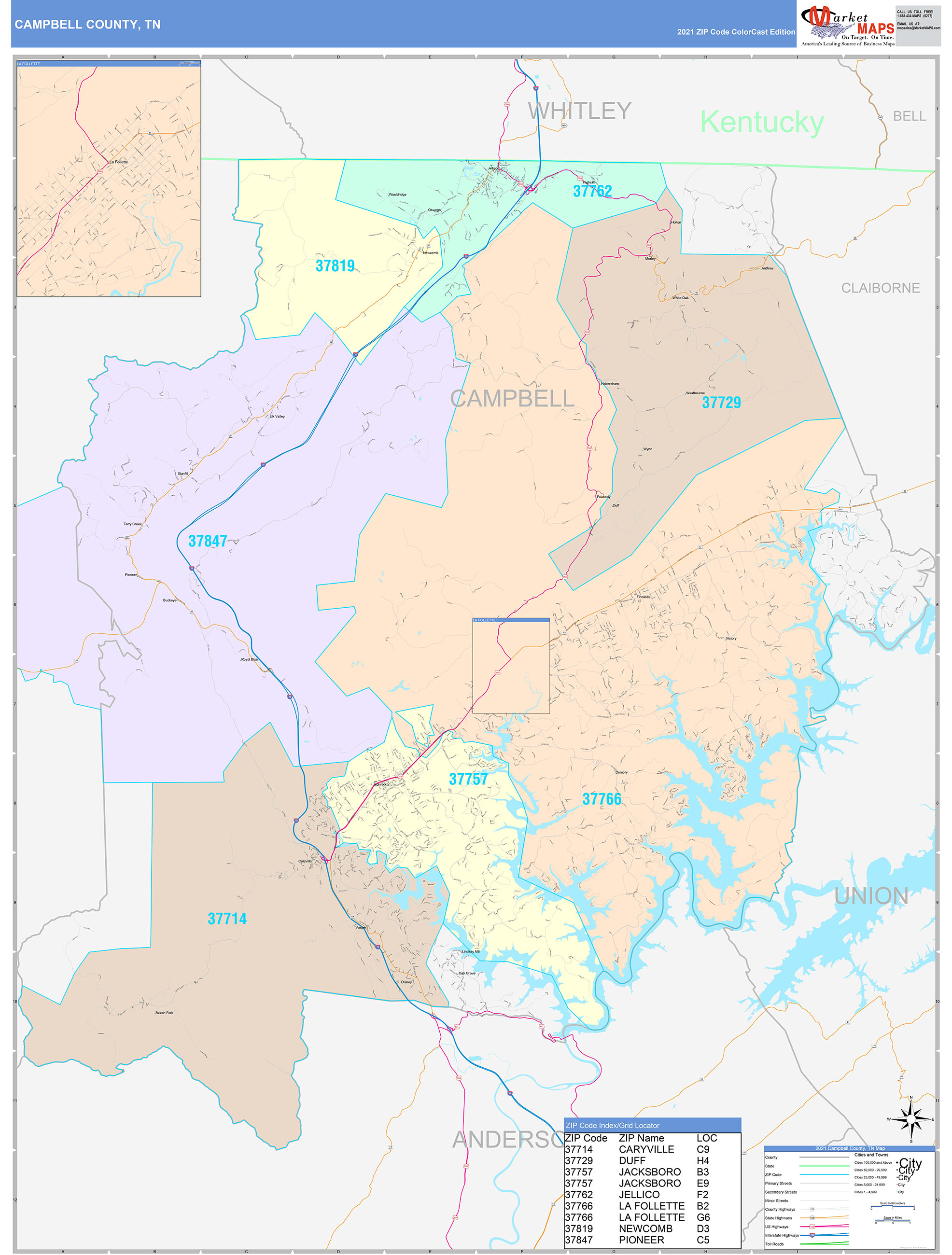 Campbell County, TN Wall Map Color Cast Style by MarketMAPS MapSales