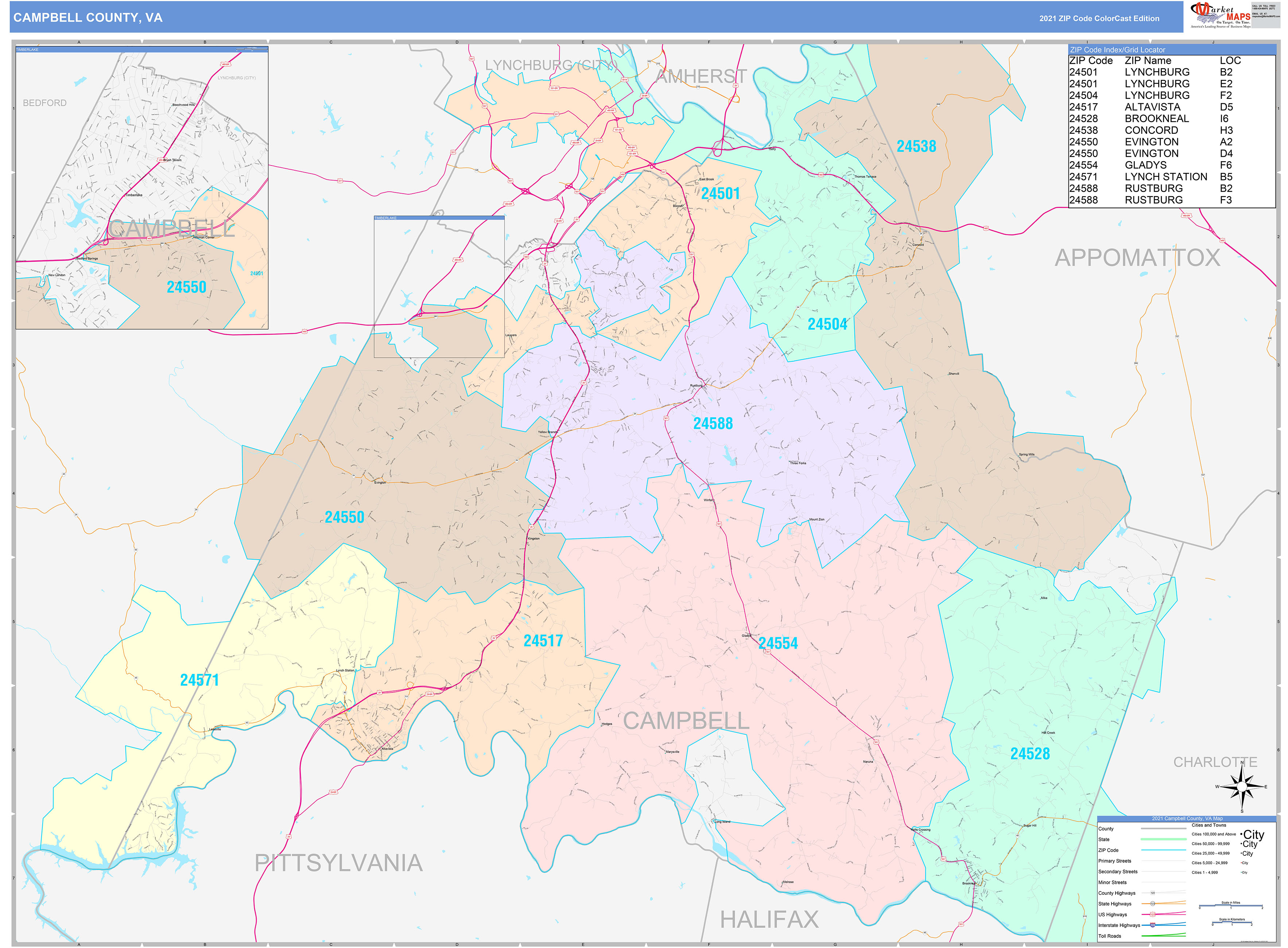 Campbell County, VA Wall Map Color Cast Style by MarketMAPS - MapSales