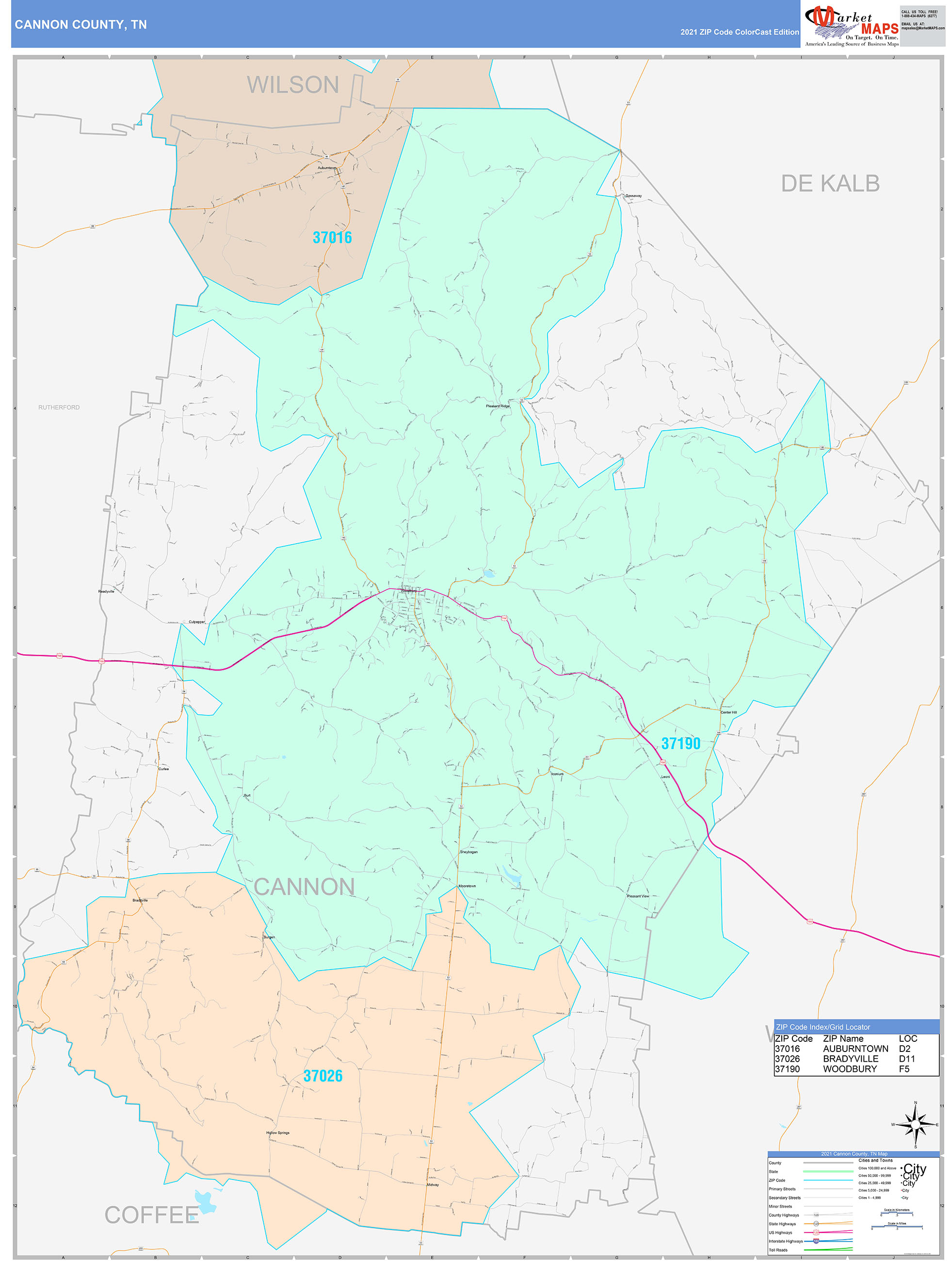 Cannon County, TN Wall Map Color Cast Style by MarketMAPS