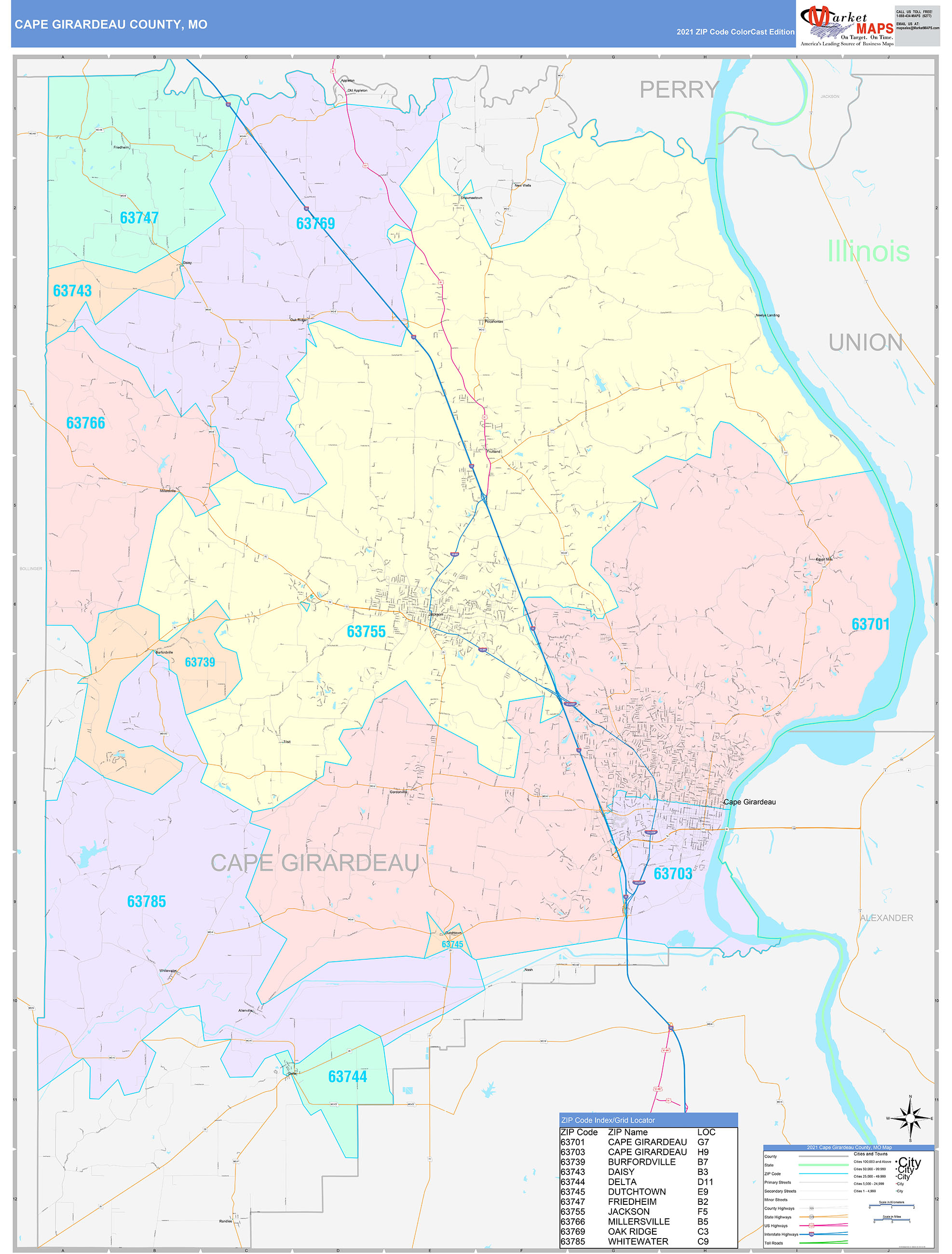 Cape Girardeau County, MO Wall Map Color Cast Style by MarketMAPS