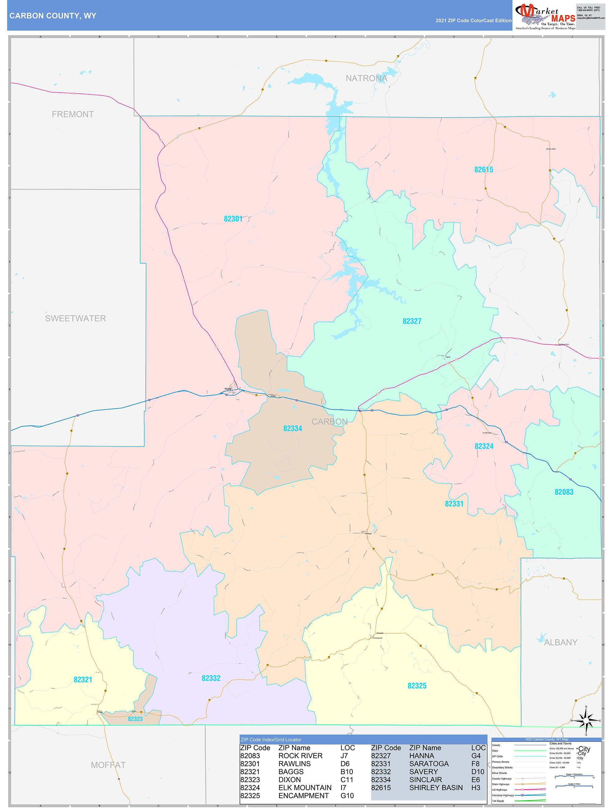 Carbon County, WY Wall Map Color Cast Style by MarketMAPS